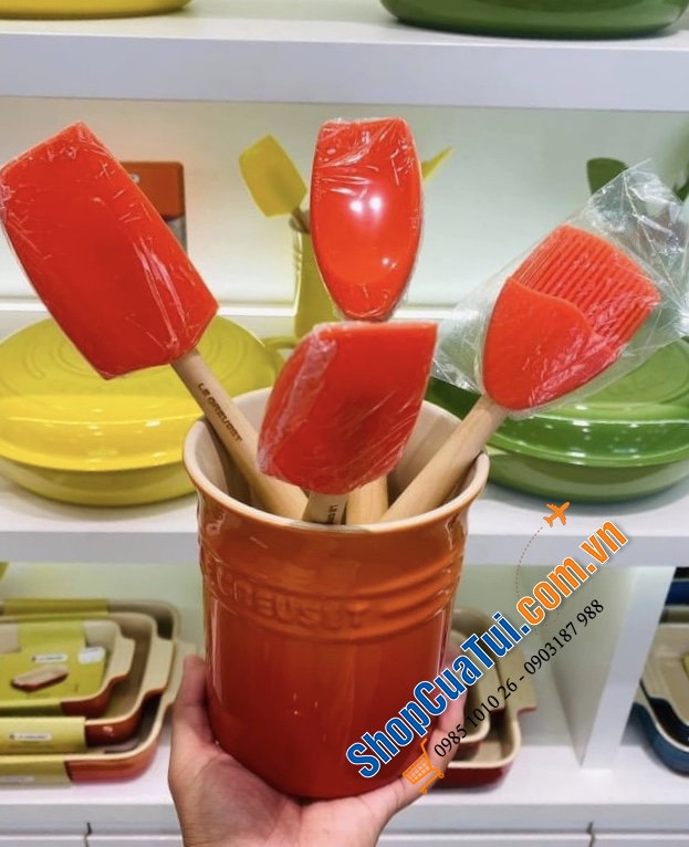 SET DỤNG CỤ NẤU ĂN SILICON KÈM HŨ ĐỰNG LE CREUSET MÀU ĐỎ, MÀU CAM: phới, chổi quét dầu, thìa dẻo, hũ