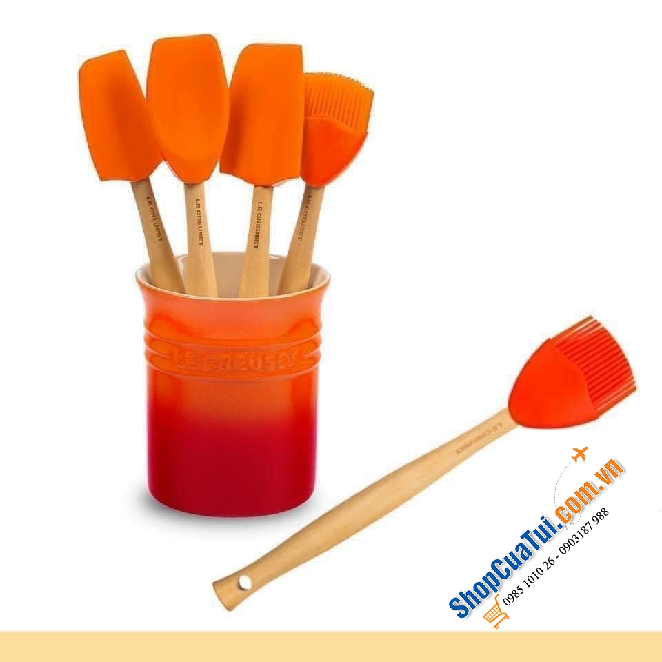 SET DỤNG CỤ NẤU ĂN SILICON KÈM HŨ ĐỰNG LE CREUSET MÀU ĐỎ, MÀU CAM: phới, chổi quét dầu, thìa dẻo, hũ