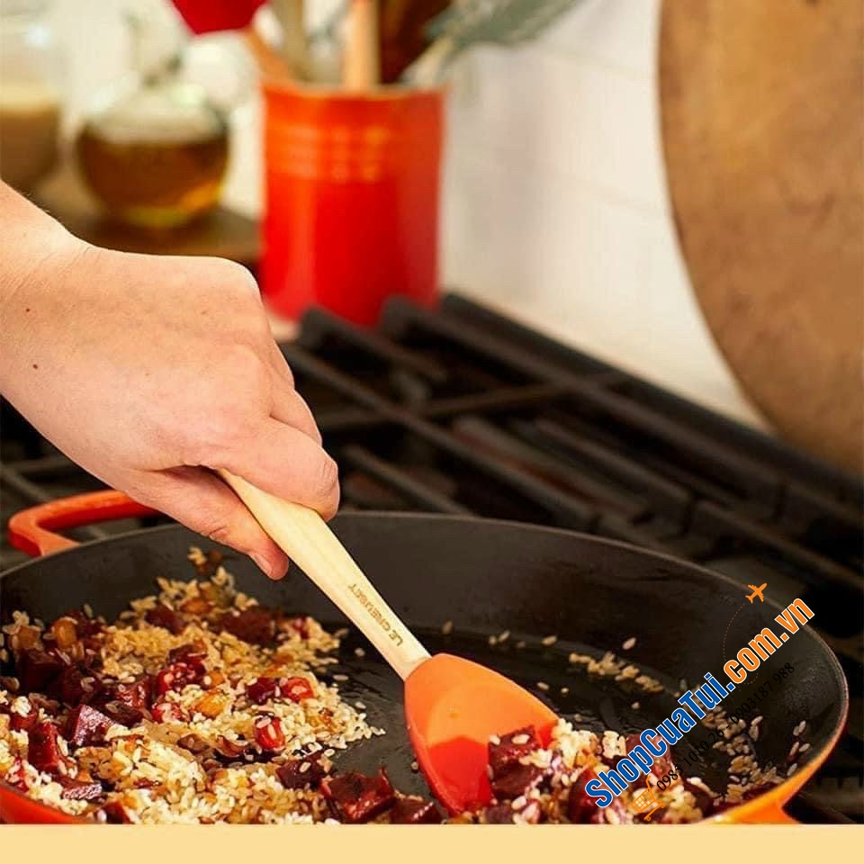 SET DỤNG CỤ NẤU ĂN SILICON KÈM HŨ ĐỰNG LE CREUSET MÀU ĐỎ, MÀU CAM: phới, chổi quét dầu, thìa dẻo, hũ