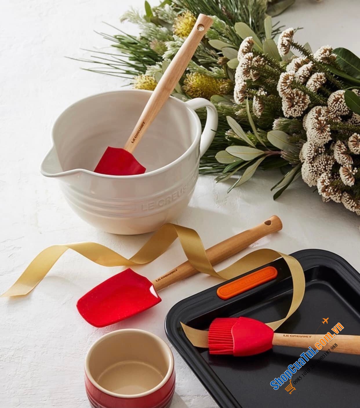 SET DỤNG CỤ NẤU ĂN SILICON KÈM HŨ ĐỰNG LE CREUSET MÀU ĐỎ, MÀU CAM: phới, chổi quét dầu, thìa dẻo, hũ