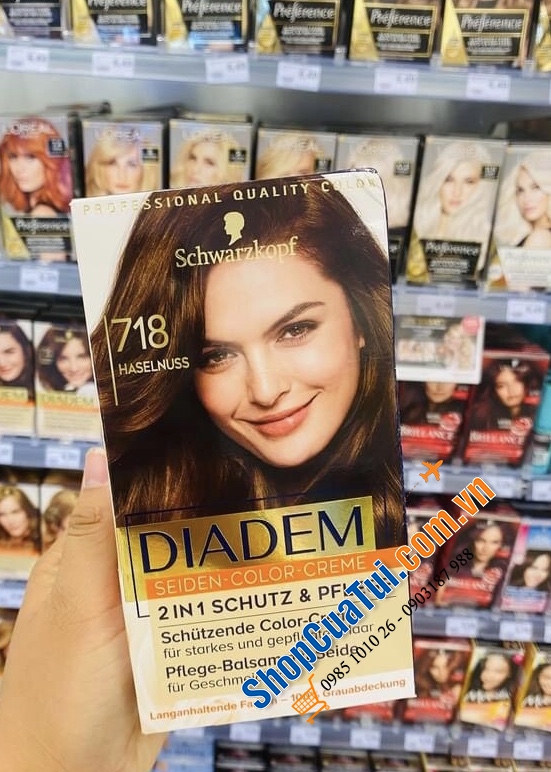 Thuốc nhuộm tóc nữ PHỦ BẠC  Diadem Schwarzkopf- hàng nội địa Đức - Số 718 màu nâu hạt dẻ tự nhiên.