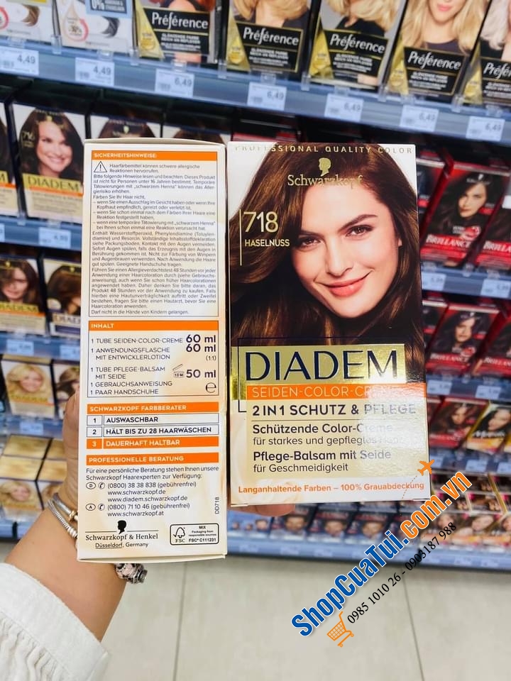 Thuốc nhuộm tóc nữ PHỦ BẠC  Diadem Schwarzkopf- hàng nội địa Đức - Số 718 màu nâu hạt dẻ tự nhiên.