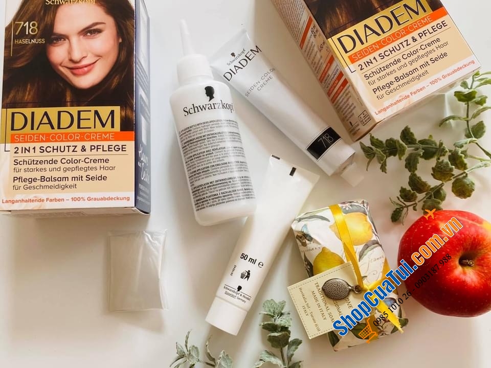 Thuốc nhuộm tóc nữ PHỦ BẠC  Diadem Schwarzkopf- hàng nội địa Đức - Số 718 màu nâu hạt dẻ tự nhiên.