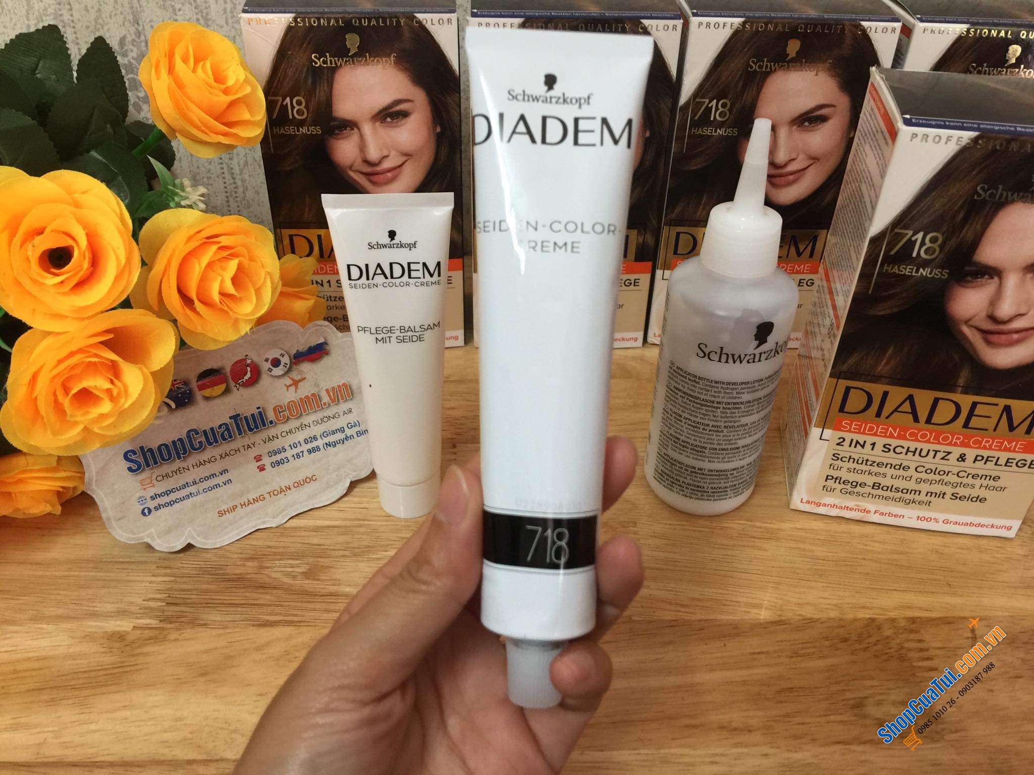 Thuốc nhuộm tóc nữ PHỦ BẠC  Diadem Schwarzkopf- hàng nội địa Đức - Số 718 màu nâu hạt dẻ tự nhiên.