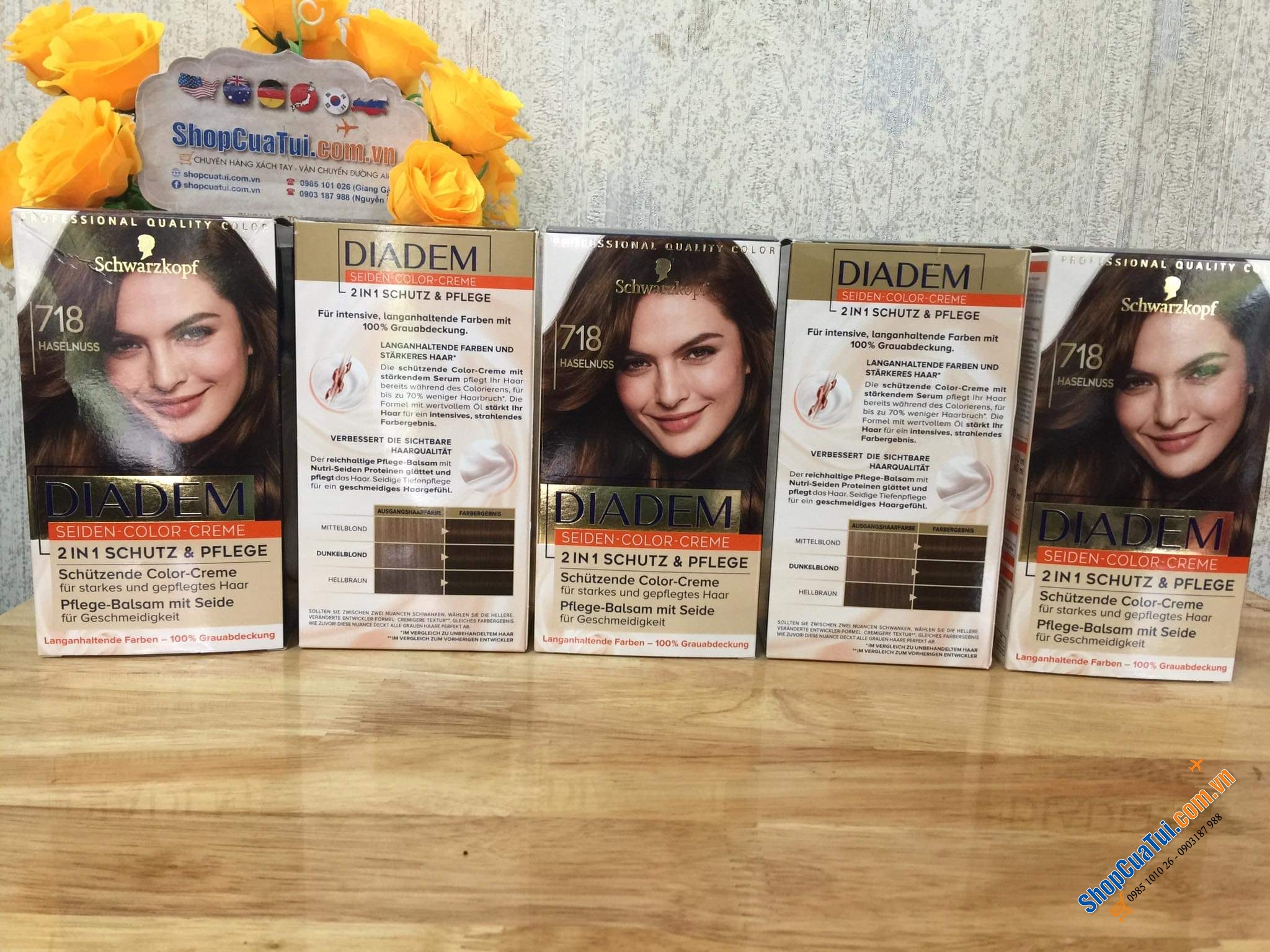 Thuốc nhuộm tóc nữ PHỦ BẠC  Diadem Schwarzkopf- hàng nội địa Đức - Số 718 màu nâu hạt dẻ tự nhiên.