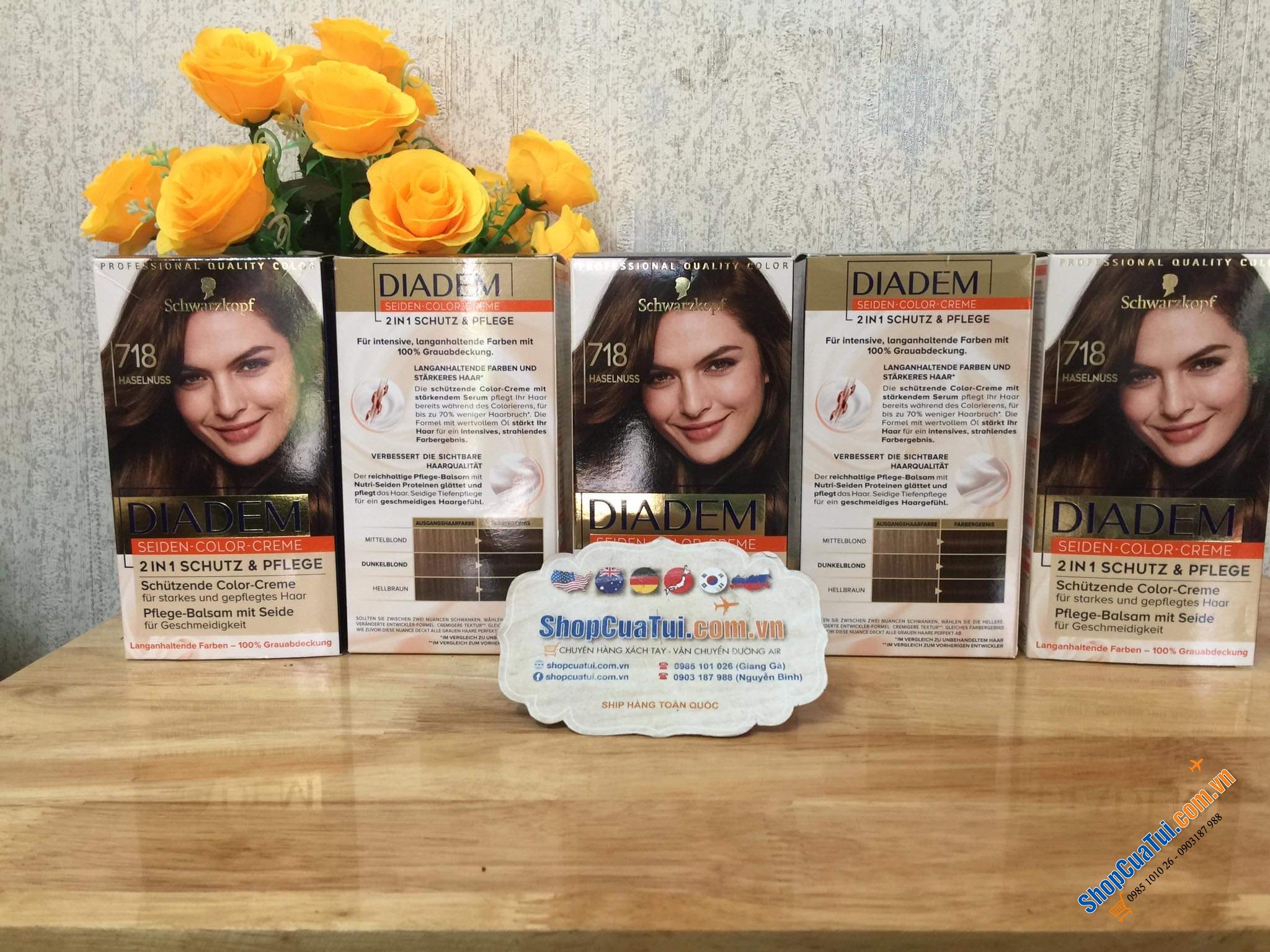 Thuốc nhuộm tóc nữ PHỦ BẠC  Diadem Schwarzkopf- hàng nội địa Đức - Số 718 màu nâu hạt dẻ tự nhiên.