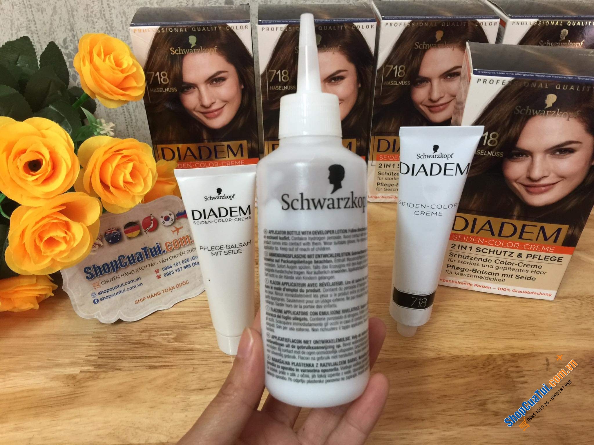 Thuốc nhuộm tóc nữ PHỦ BẠC  Diadem Schwarzkopf- hàng nội địa Đức - Số 718 màu nâu hạt dẻ tự nhiên.