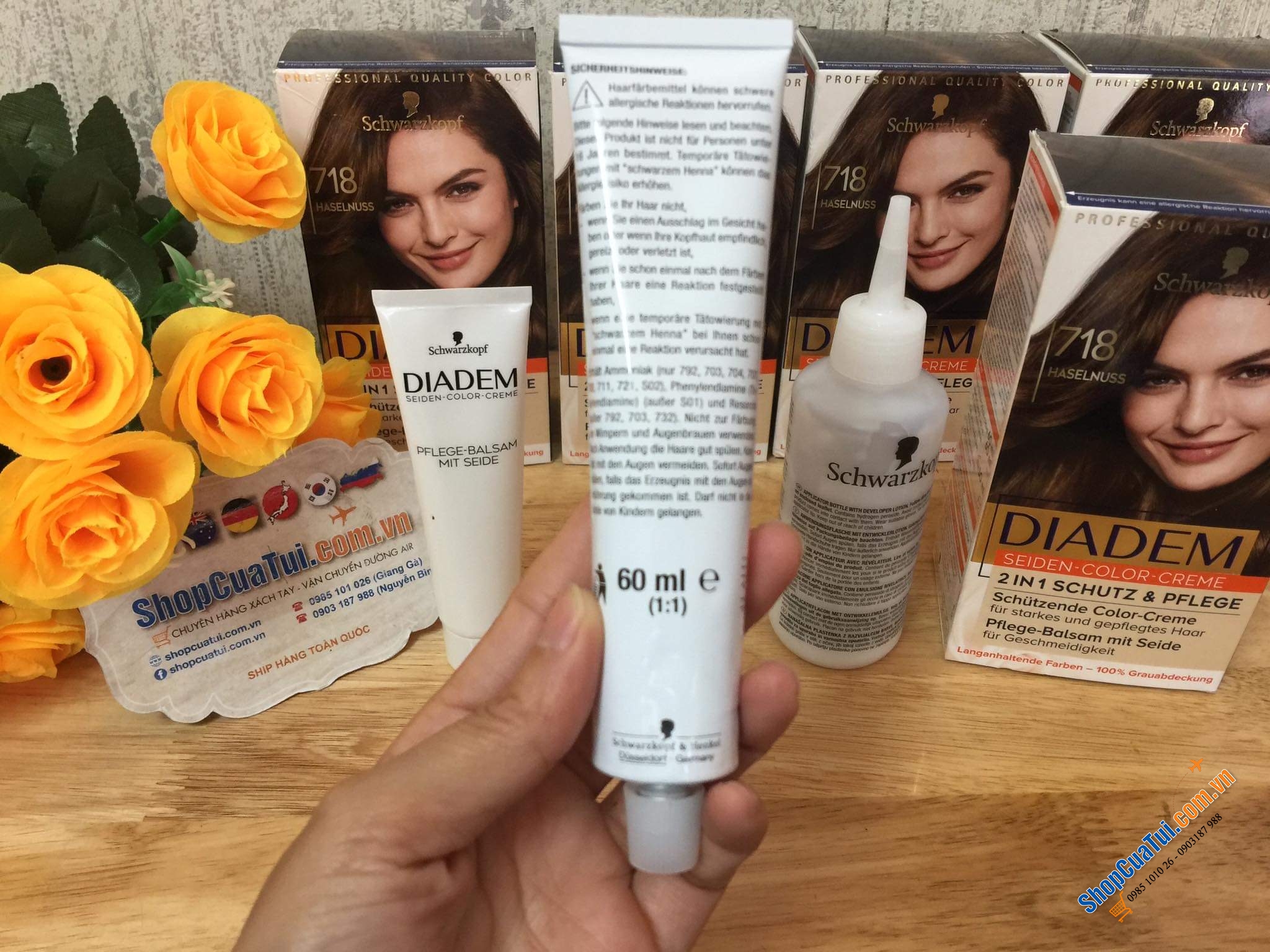 Thuốc nhuộm tóc nữ PHỦ BẠC  Diadem Schwarzkopf- hàng nội địa Đức - Số 718 màu nâu hạt dẻ tự nhiên.