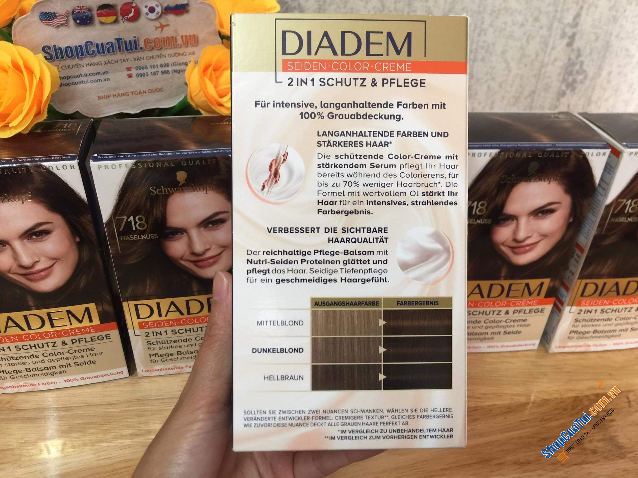 Thuốc nhuộm tóc nữ PHỦ BẠC  Diadem Schwarzkopf- hàng nội địa Đức - Số 718 màu nâu hạt dẻ tự nhiên.