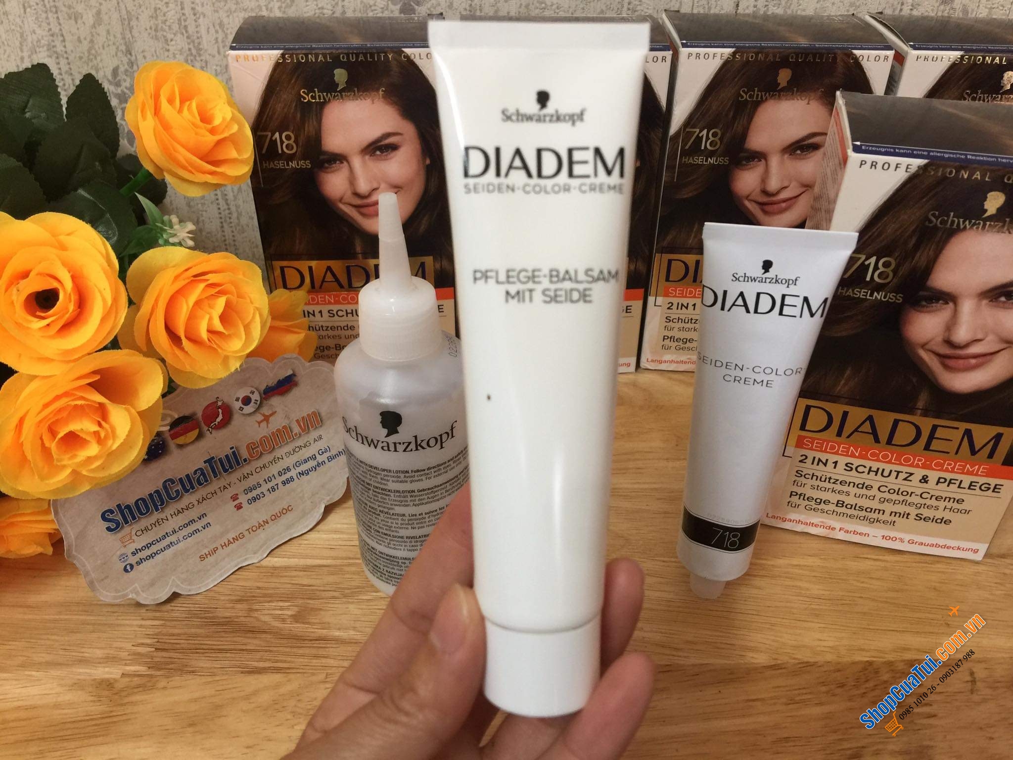 Thuốc nhuộm tóc nữ PHỦ BẠC  Diadem Schwarzkopf- hàng nội địa Đức - Số 718 màu nâu hạt dẻ tự nhiên.