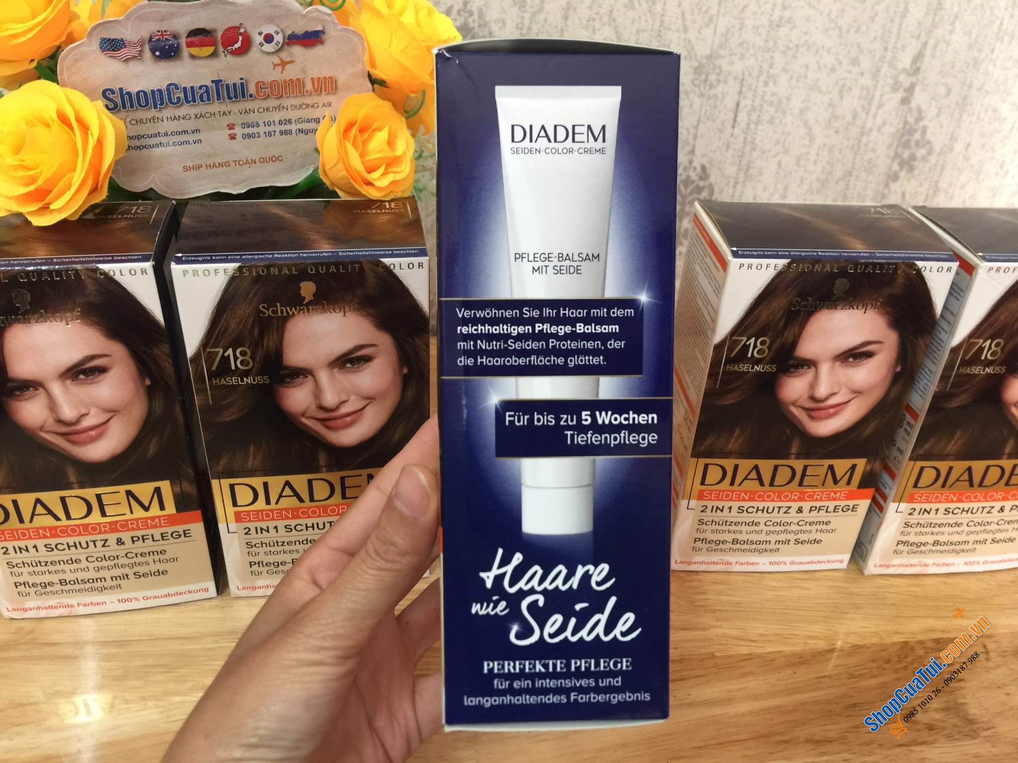 Thuốc nhuộm tóc nữ PHỦ BẠC  Diadem Schwarzkopf- hàng nội địa Đức - Số 718 màu nâu hạt dẻ tự nhiên.