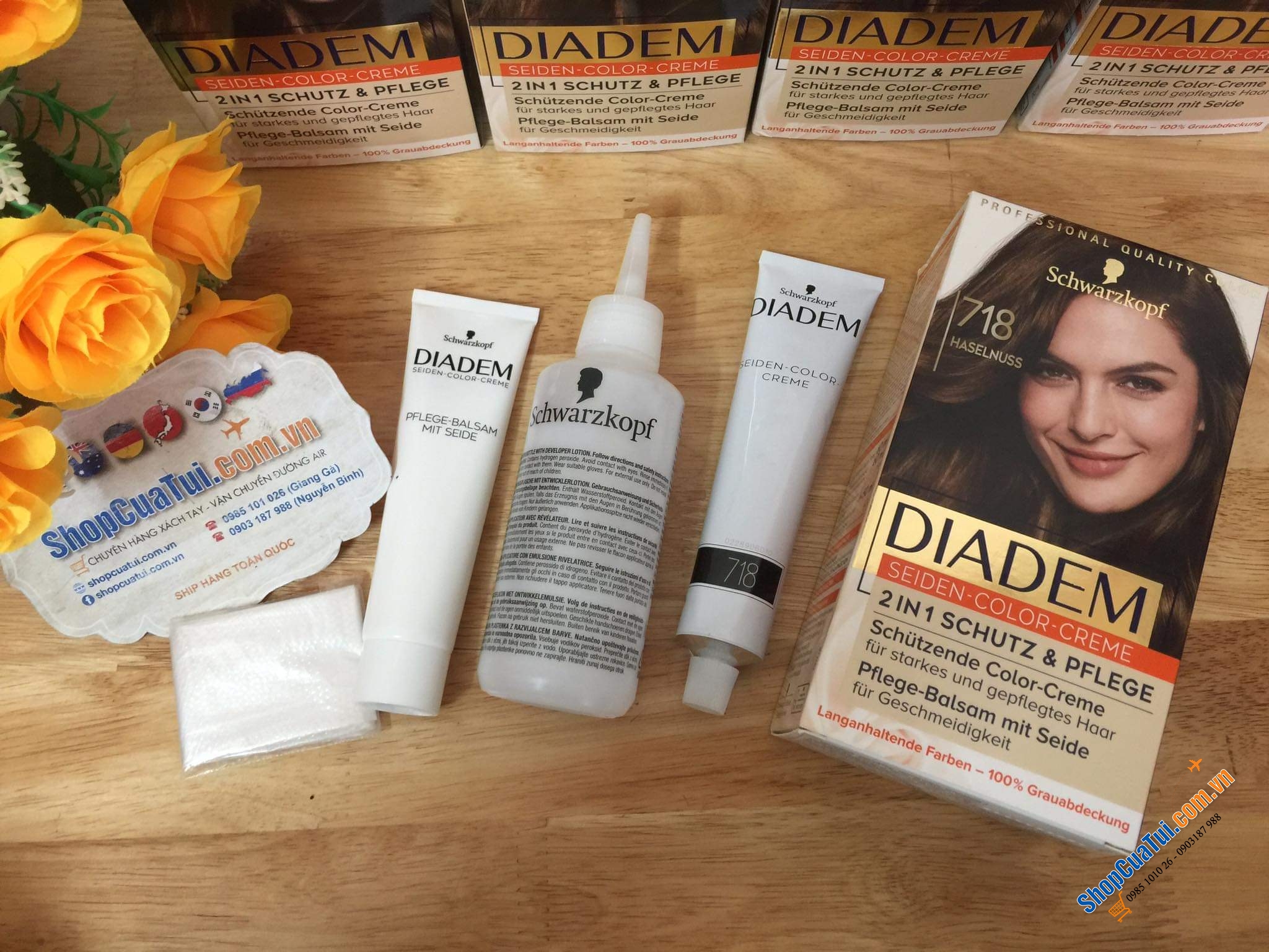 Thuốc nhuộm tóc nữ PHỦ BẠC  Diadem Schwarzkopf- hàng nội địa Đức - Số 718 màu nâu hạt dẻ tự nhiên.