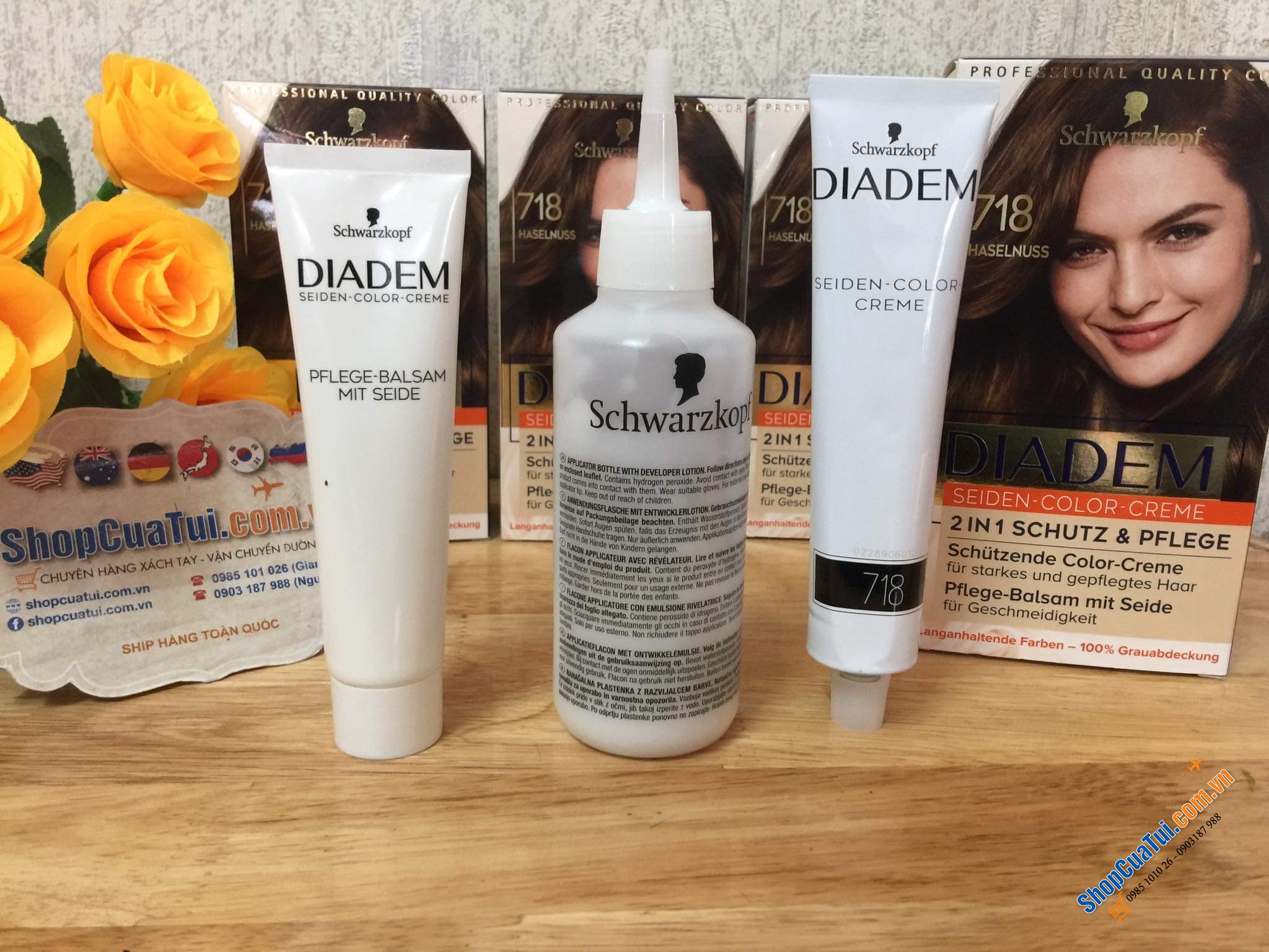 Thuốc nhuộm tóc nữ PHỦ BẠC  Diadem Schwarzkopf- hàng nội địa Đức - Số 718 màu nâu hạt dẻ tự nhiên.