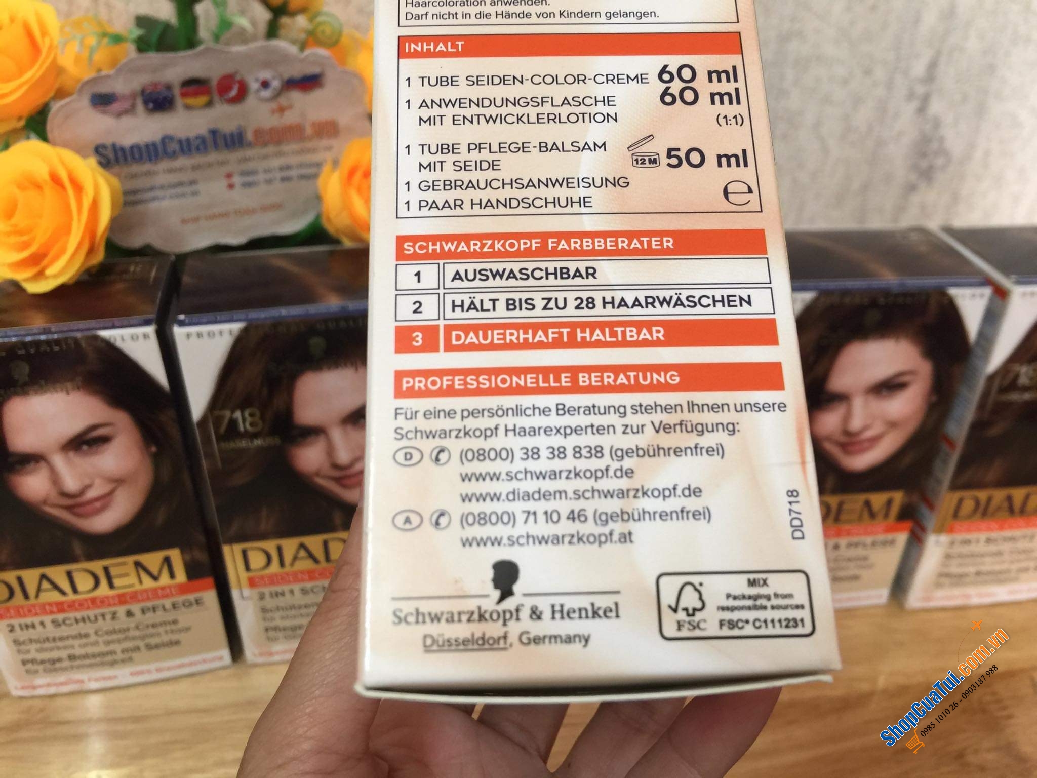 Thuốc nhuộm tóc nữ PHỦ BẠC  Diadem Schwarzkopf- hàng nội địa Đức - Số 718 màu nâu hạt dẻ tự nhiên.
