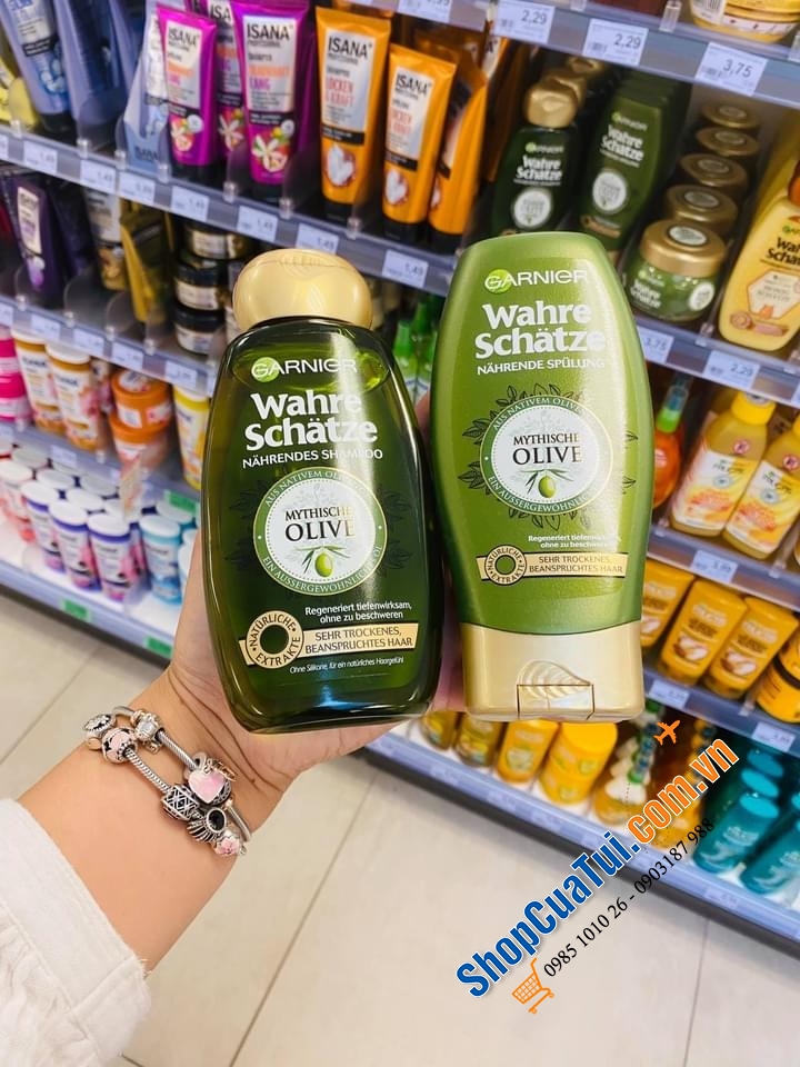 Bộ dầu gội xả tóc Garnier Wahre Schatze tinh chất bơ và dầu hạt mỡ và bộ tinh chất Olive cho tóc khô và tóc hư tổn