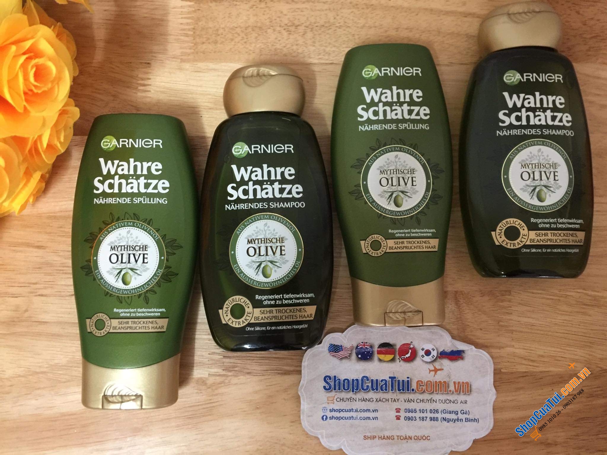 Bộ dầu gội xả tóc Garnier Wahre Schatze tinh chất bơ và dầu hạt mỡ và bộ tinh chất Olive cho tóc khô và tóc hư tổn