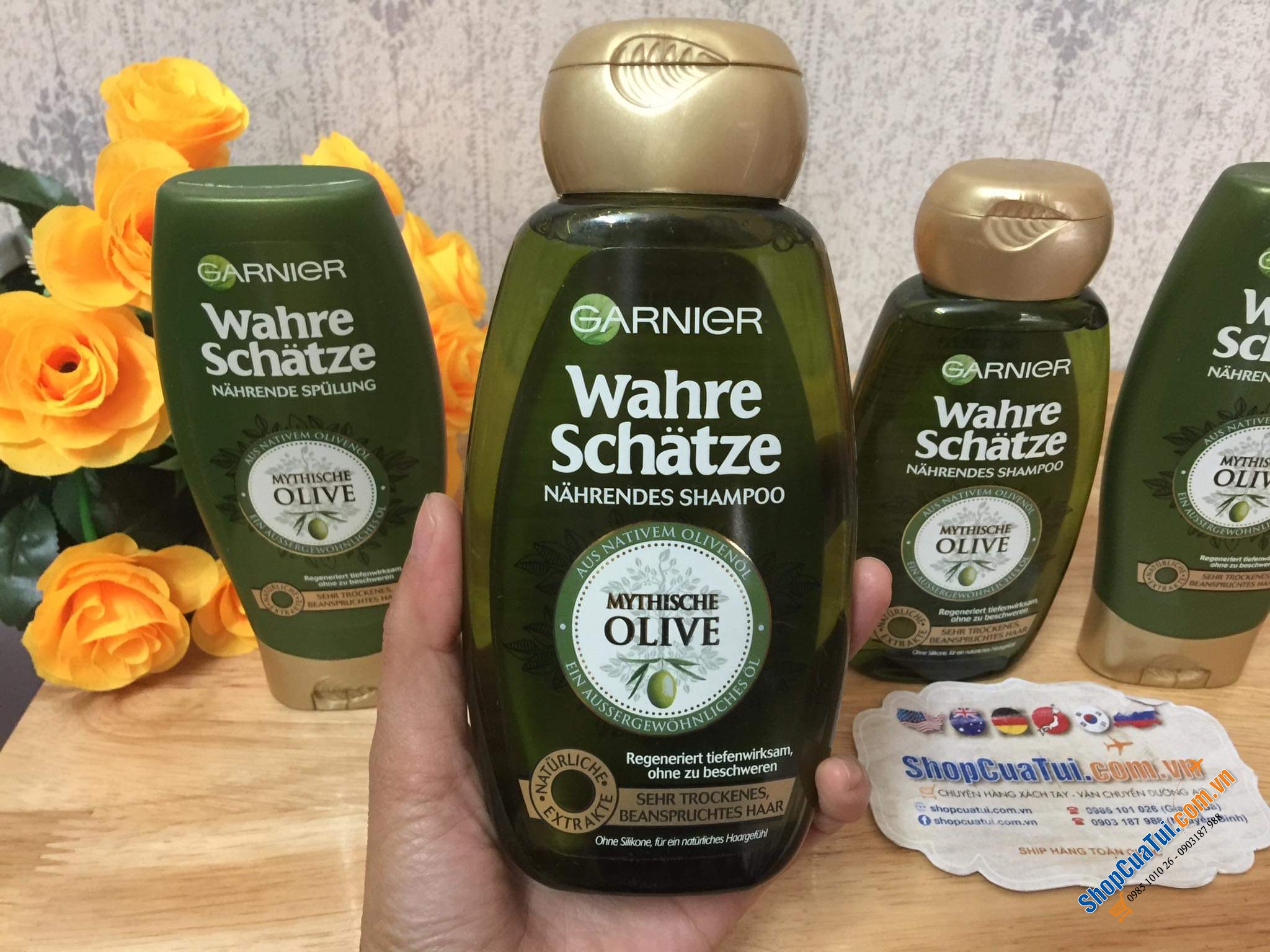 Bộ dầu gội xả tóc Garnier Wahre Schatze tinh chất bơ và dầu hạt mỡ và bộ tinh chất Olive cho tóc khô và tóc hư tổn