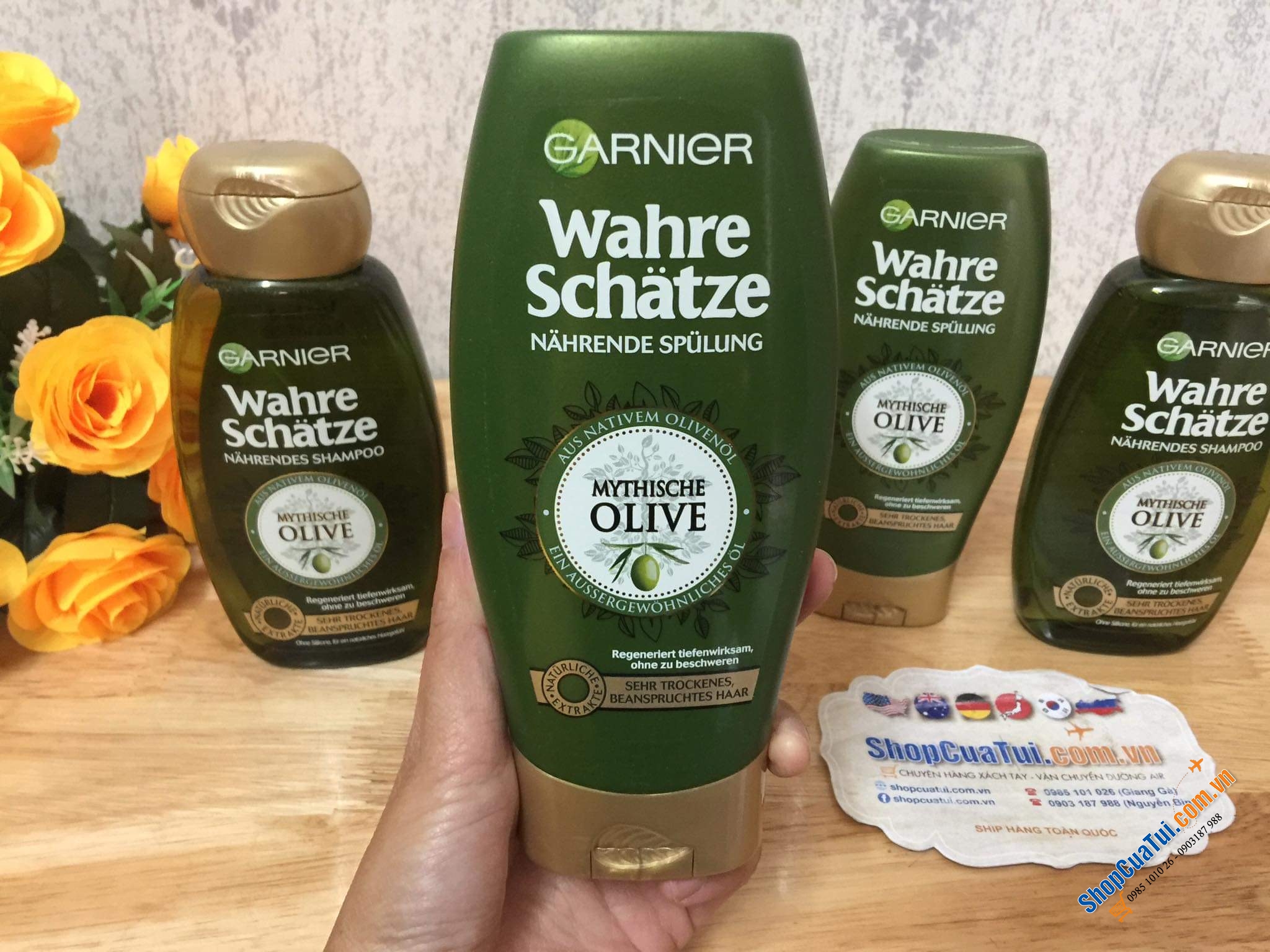 Bộ dầu gội xả tóc Garnier Wahre Schatze tinh chất bơ và dầu hạt mỡ và bộ tinh chất Olive cho tóc khô và tóc hư tổn