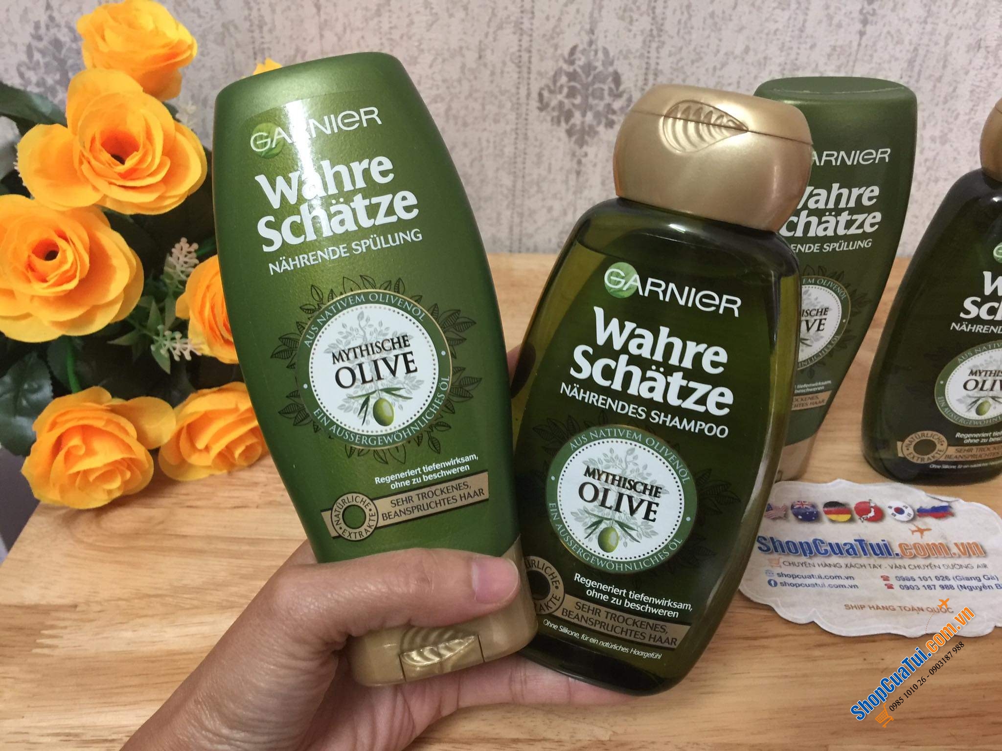 Bộ dầu gội xả tóc Garnier Wahre Schatze tinh chất bơ và dầu hạt mỡ và bộ tinh chất Olive cho tóc khô và tóc hư tổn