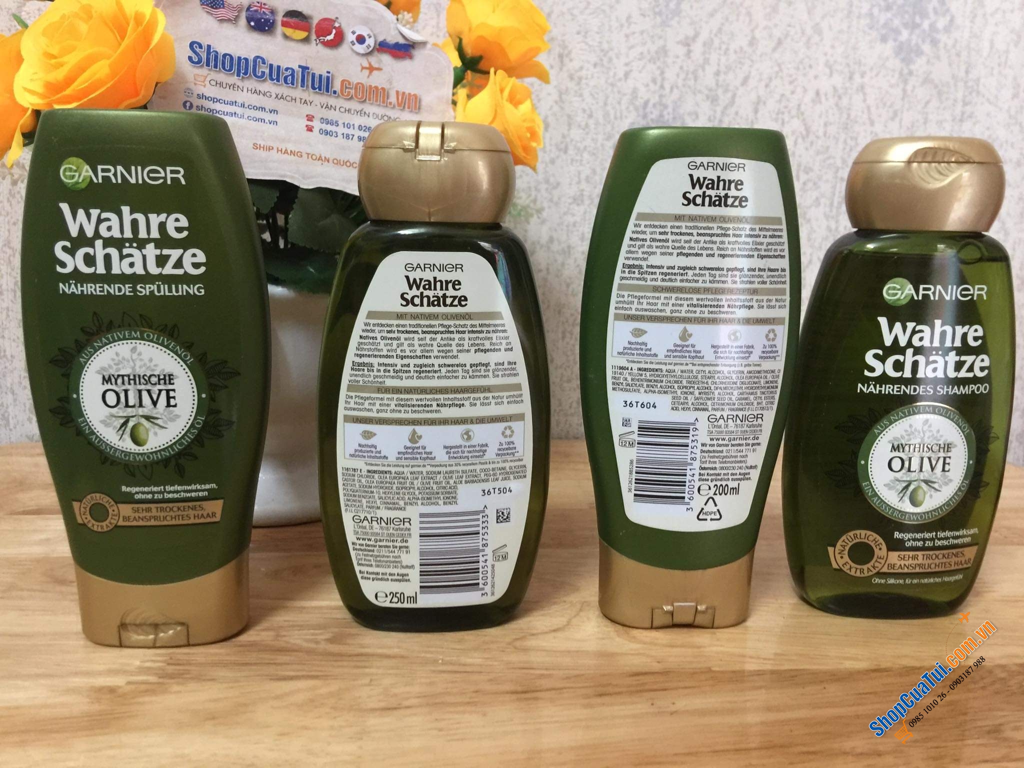 Bộ dầu gội xả tóc Garnier Wahre Schatze tinh chất bơ và dầu hạt mỡ và bộ tinh chất Olive cho tóc khô và tóc hư tổn