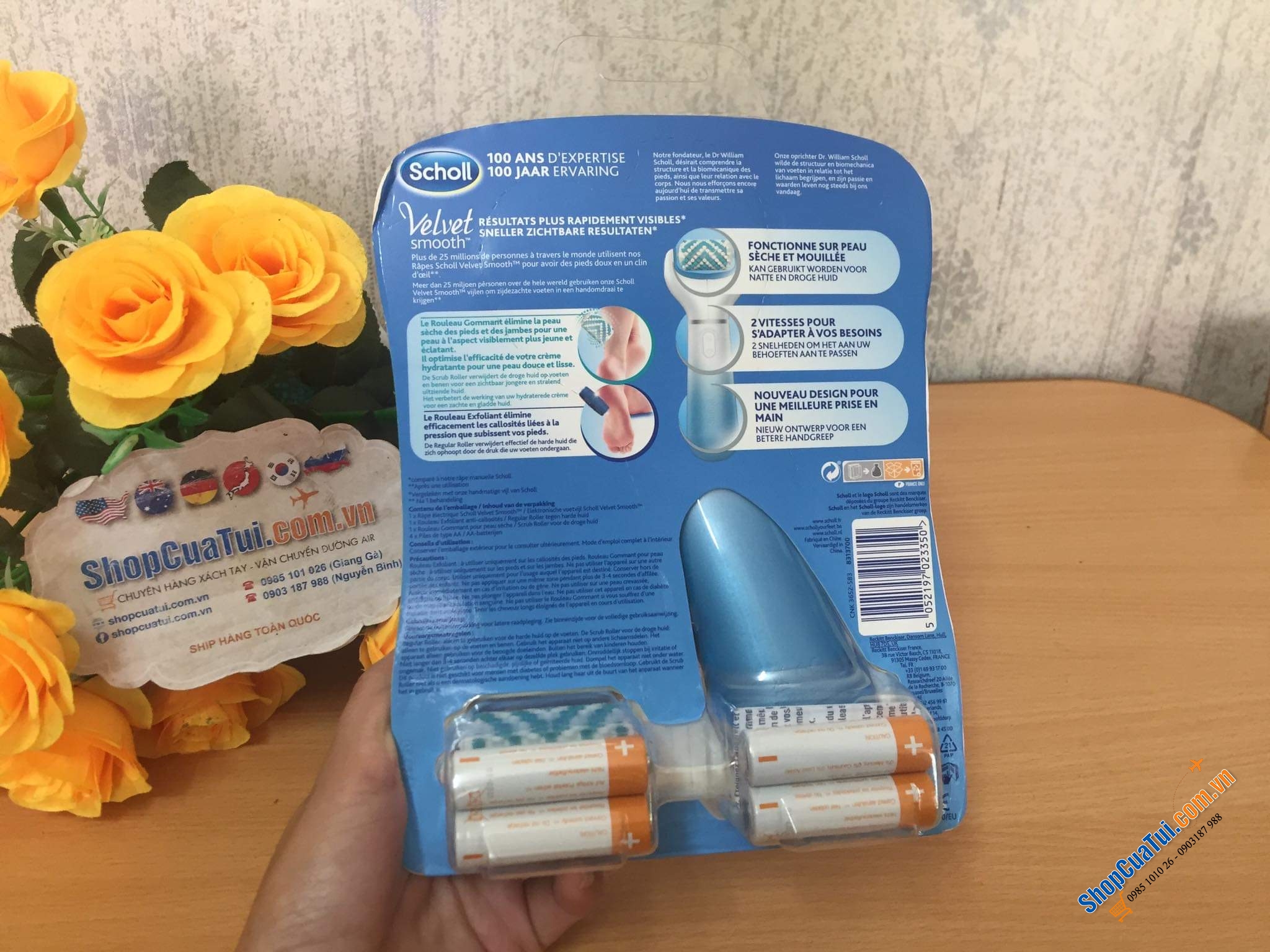 MÁY MÀI DA CHẾT GÓT CHÂN TAY SCHOLL CAO CẤP - dùng pin - Máy chà gót chân SCHOLL VELVET SMOOTH Râpe electrique giúp gót chân mềm mịn, loại bỏ sạch da chết, chai sần...