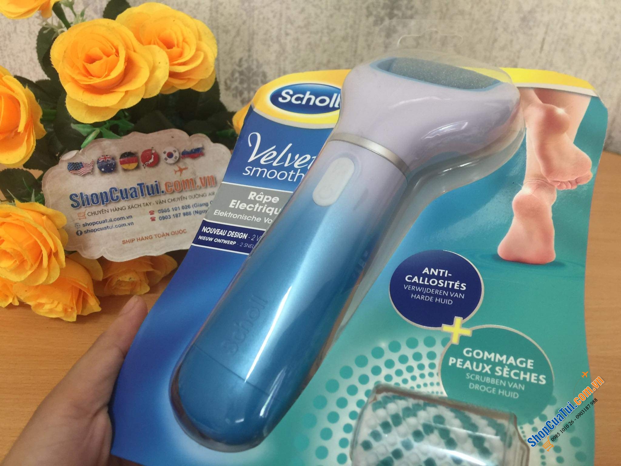 MÁY MÀI DA CHẾT GÓT CHÂN TAY SCHOLL CAO CẤP - dùng pin - Máy chà gót chân SCHOLL VELVET SMOOTH Râpe electrique giúp gót chân mềm mịn, loại bỏ sạch da chết, chai sần...