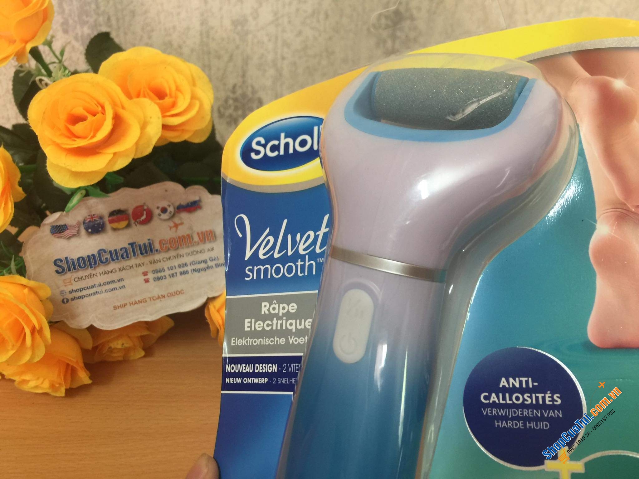 MÁY MÀI DA CHẾT GÓT CHÂN TAY SCHOLL CAO CẤP - dùng pin - Máy chà gót chân SCHOLL VELVET SMOOTH Râpe electrique giúp gót chân mềm mịn, loại bỏ sạch da chết, chai sần...