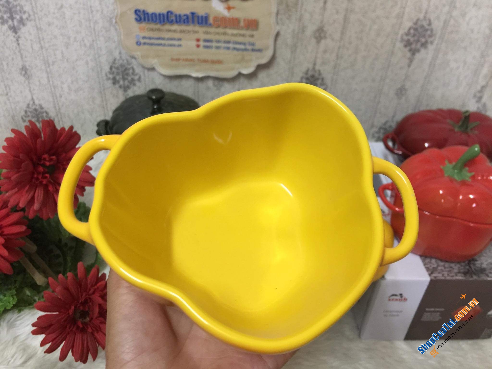 Set 5 thố sứ củ quả Staub, Combo 5 âu sứ Staub:  Âu ớt chuông đỏ và vàng Staub , Âu cà chua, Âu bí Ngô  staub, âu atiso - đựng bánh, kẹo mứt... đựng soup, đồ ăn bỏ lò, hầm ... nhất là món tôm phủ pho mai thì gọi là quá đỉnh