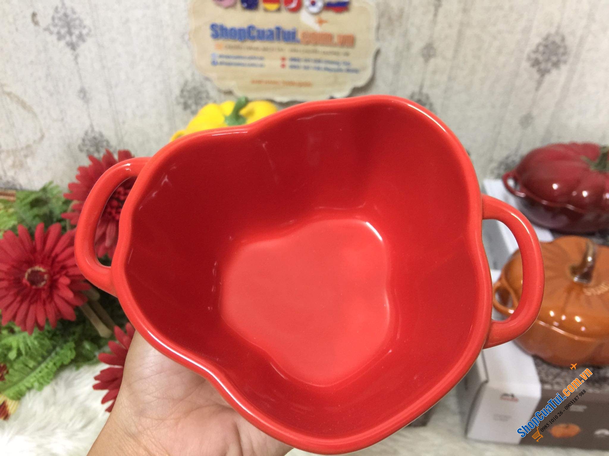 Set 5 thố sứ củ quả Staub, Combo 5 âu sứ Staub:  Âu ớt chuông đỏ và vàng Staub , Âu cà chua, Âu bí Ngô  staub, âu atiso - đựng bánh, kẹo mứt... đựng soup, đồ ăn bỏ lò, hầm ... nhất là món tôm phủ pho mai thì gọi là quá đỉnh