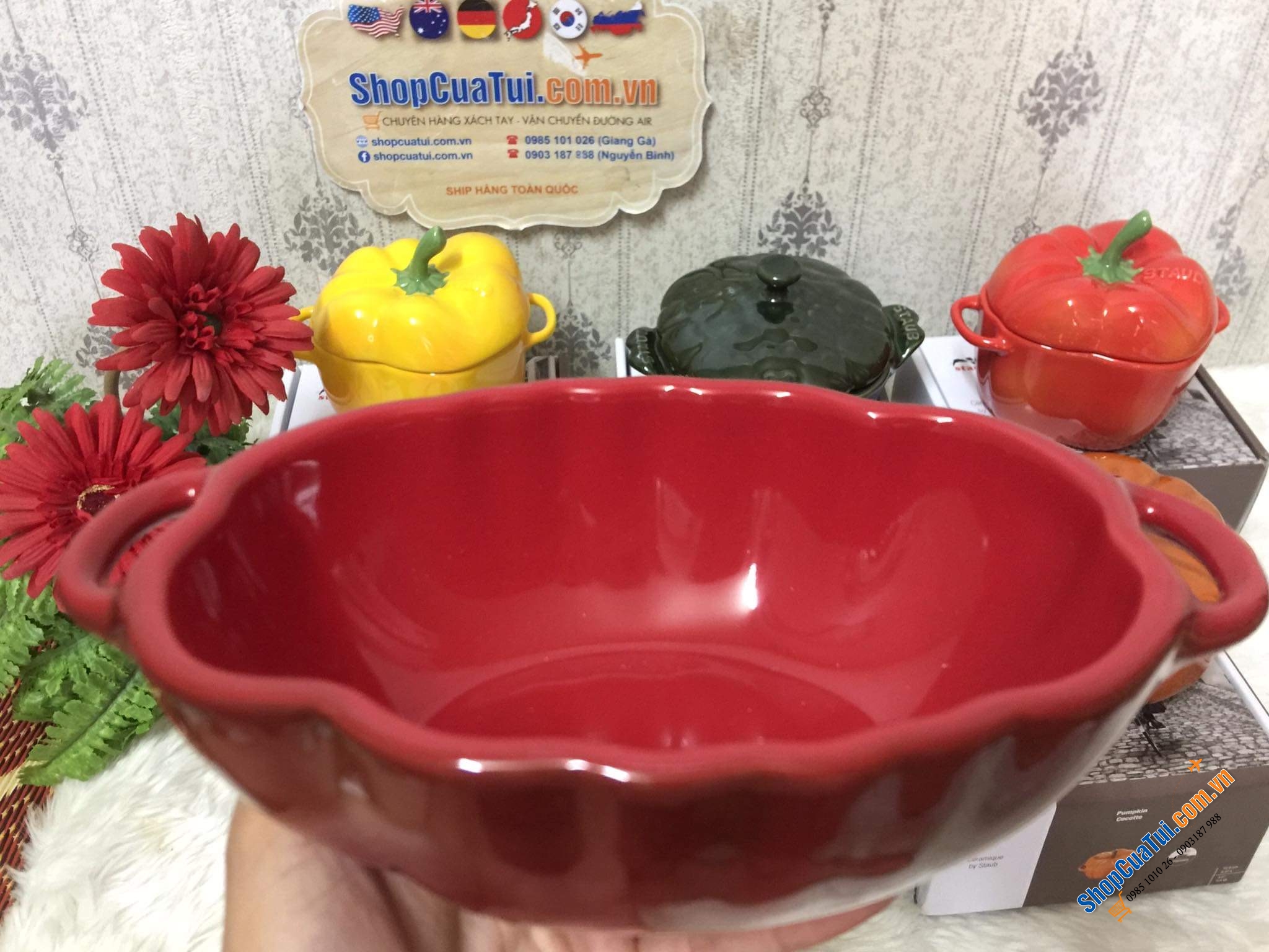Set 5 thố sứ củ quả Staub, Combo 5 âu sứ Staub:  Âu ớt chuông đỏ và vàng Staub , Âu cà chua, Âu bí Ngô  staub, âu atiso - đựng bánh, kẹo mứt... đựng soup, đồ ăn bỏ lò, hầm ... nhất là món tôm phủ pho mai thì gọi là quá đỉnh