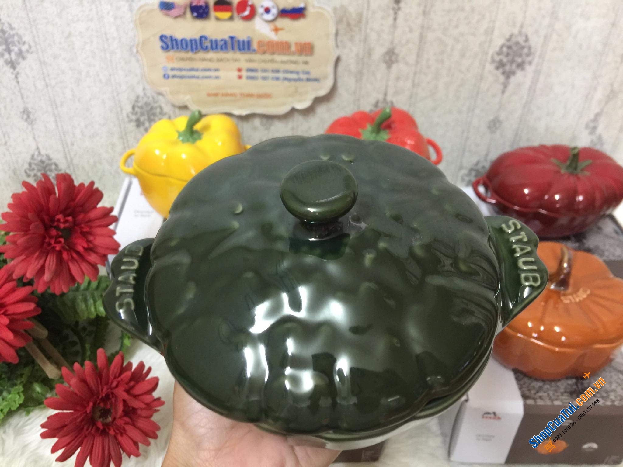 Set 5 thố sứ củ quả Staub, Combo 5 âu sứ Staub:  Âu ớt chuông đỏ và vàng Staub , Âu cà chua, Âu bí Ngô  staub, âu atiso - đựng bánh, kẹo mứt... đựng soup, đồ ăn bỏ lò, hầm ... nhất là món tôm phủ pho mai thì gọi là quá đỉnh