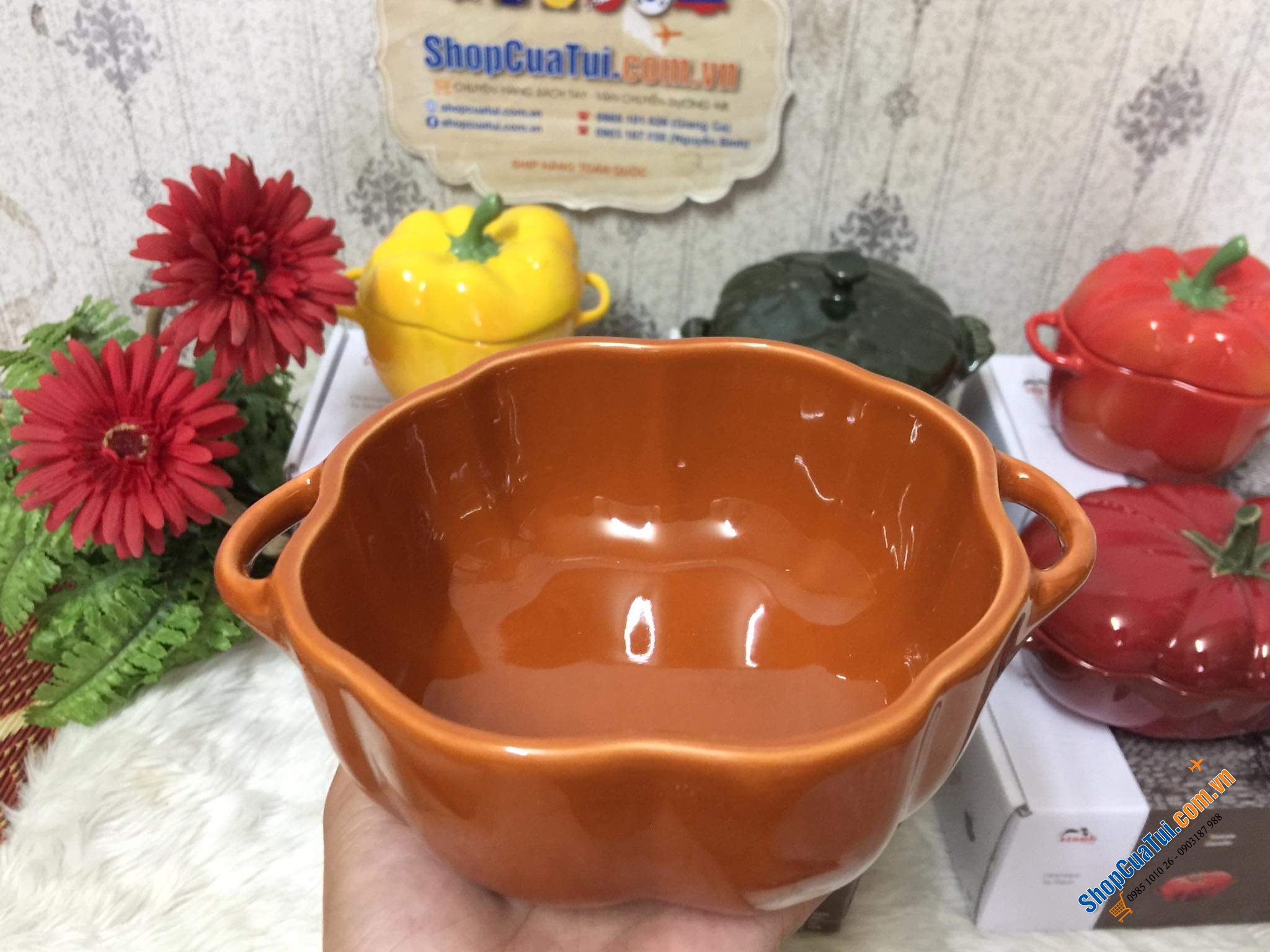 Set 5 thố sứ củ quả Staub, Combo 5 âu sứ Staub:  Âu ớt chuông đỏ và vàng Staub , Âu cà chua, Âu bí Ngô  staub, âu atiso - đựng bánh, kẹo mứt... đựng soup, đồ ăn bỏ lò, hầm ... nhất là món tôm phủ pho mai thì gọi là quá đỉnh