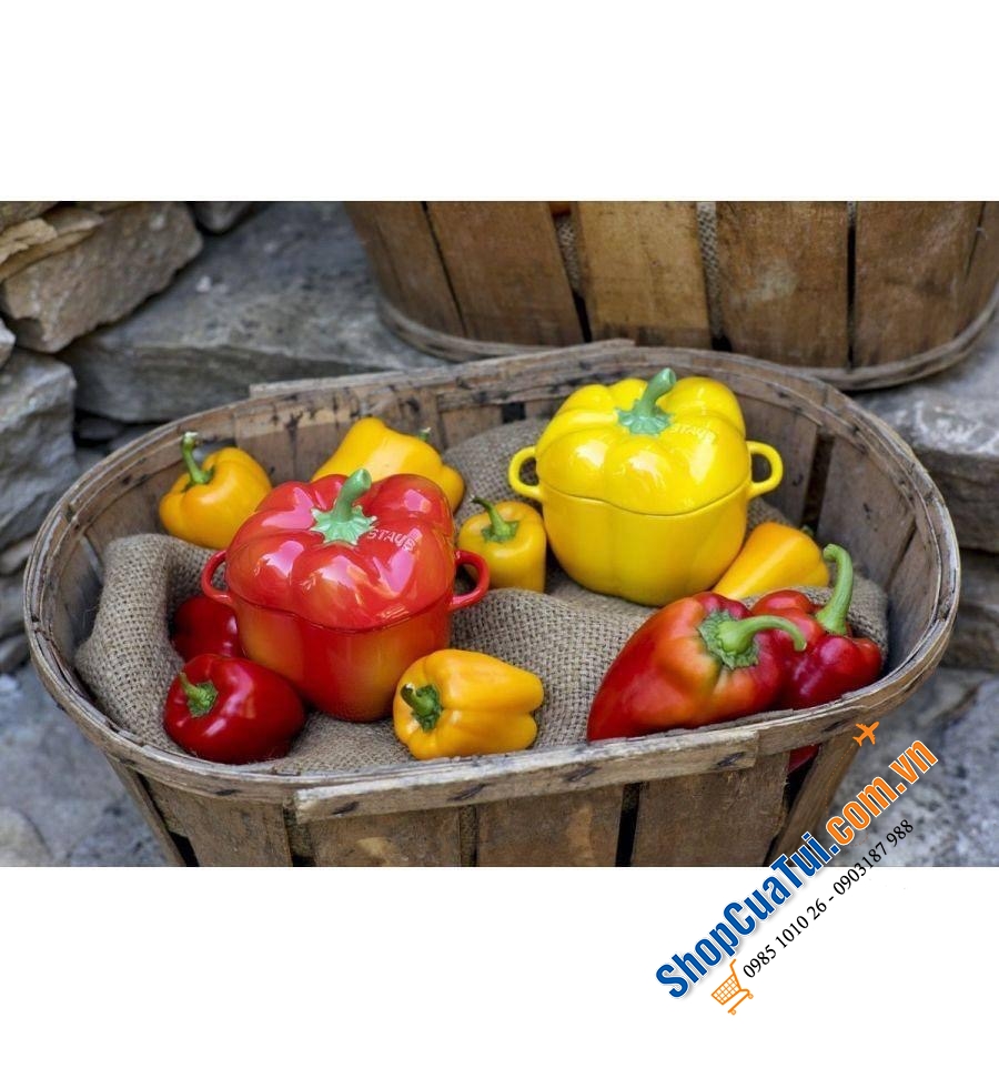 Set 5 thố sứ củ quả Staub, Combo 5 âu sứ Staub:  Âu ớt chuông đỏ và vàng Staub , Âu cà chua, Âu bí Ngô  staub, âu atiso - đựng bánh, kẹo mứt... đựng soup, đồ ăn bỏ lò, hầm ... nhất là món tôm phủ pho mai thì gọi là quá đỉnh