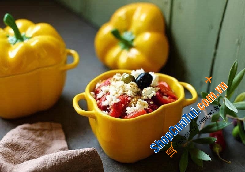 Set 5 thố sứ củ quả Staub, Combo 5 âu sứ Staub:  Âu ớt chuông đỏ và vàng Staub , Âu cà chua, Âu bí Ngô  staub, âu atiso - đựng bánh, kẹo mứt... đựng soup, đồ ăn bỏ lò, hầm ... nhất là món tôm phủ pho mai thì gọi là quá đỉnh