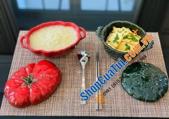 Set 5 thố sứ củ quả Staub, Combo 5 âu sứ Staub:  Âu ớt chuông đỏ và vàng Staub , Âu cà chua, Âu bí Ngô  staub, âu atiso - đựng bánh, kẹo mứt... đựng soup, đồ ăn bỏ lò, hầm ... nhất là món tôm phủ pho mai thì gọi là quá đỉnh