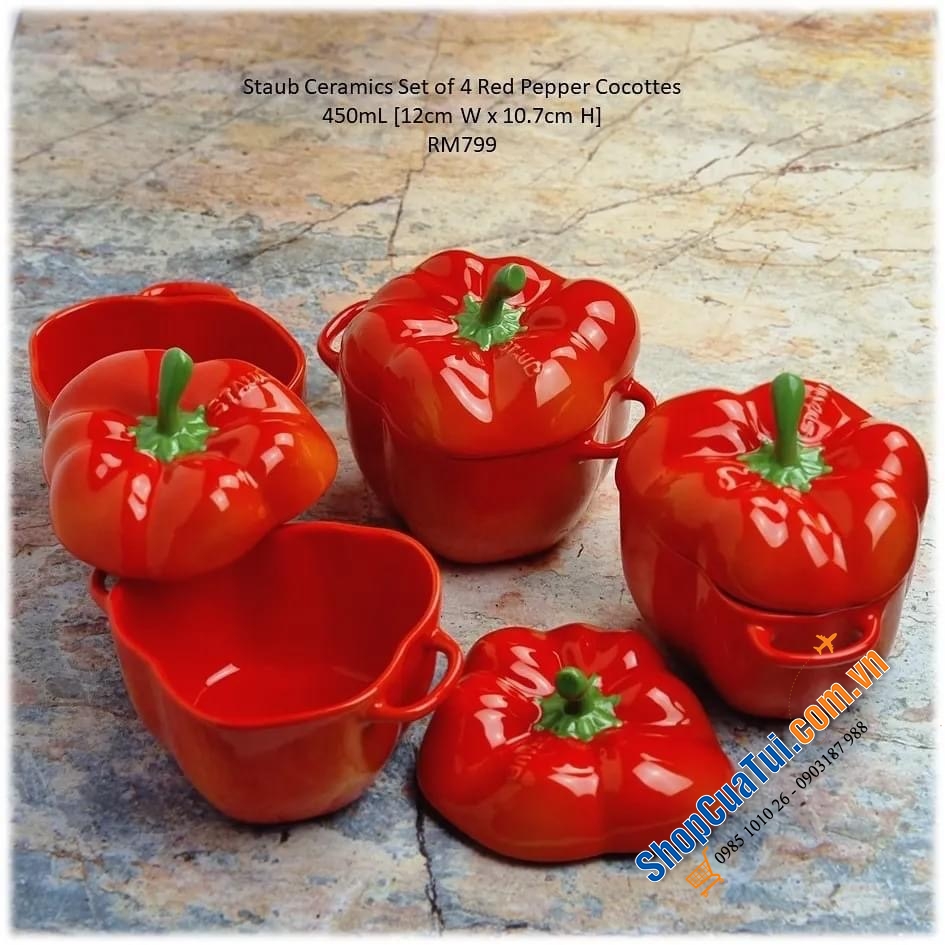 Set 5 thố sứ củ quả Staub, Combo 5 âu sứ Staub:  Âu ớt chuông đỏ và vàng Staub , Âu cà chua, Âu bí Ngô  staub, âu atiso - đựng bánh, kẹo mứt... đựng soup, đồ ăn bỏ lò, hầm ... nhất là món tôm phủ pho mai thì gọi là quá đỉnh