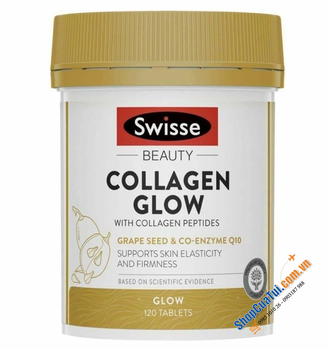 Viên uống đẹp da Swisse Beauty Collagen Glow With Collagen Peptides 120 Tablets có công thức chất lượng cao với hạt nho và Enzyme Q10.