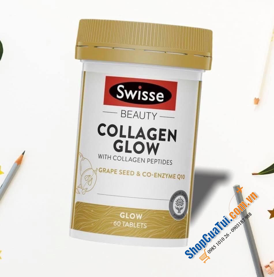 Viên uống đẹp da Swisse Beauty Collagen Glow With Collagen Peptides 60 Tablets có công thức chất lượng cao với hạt nho và Enzyme Q10.