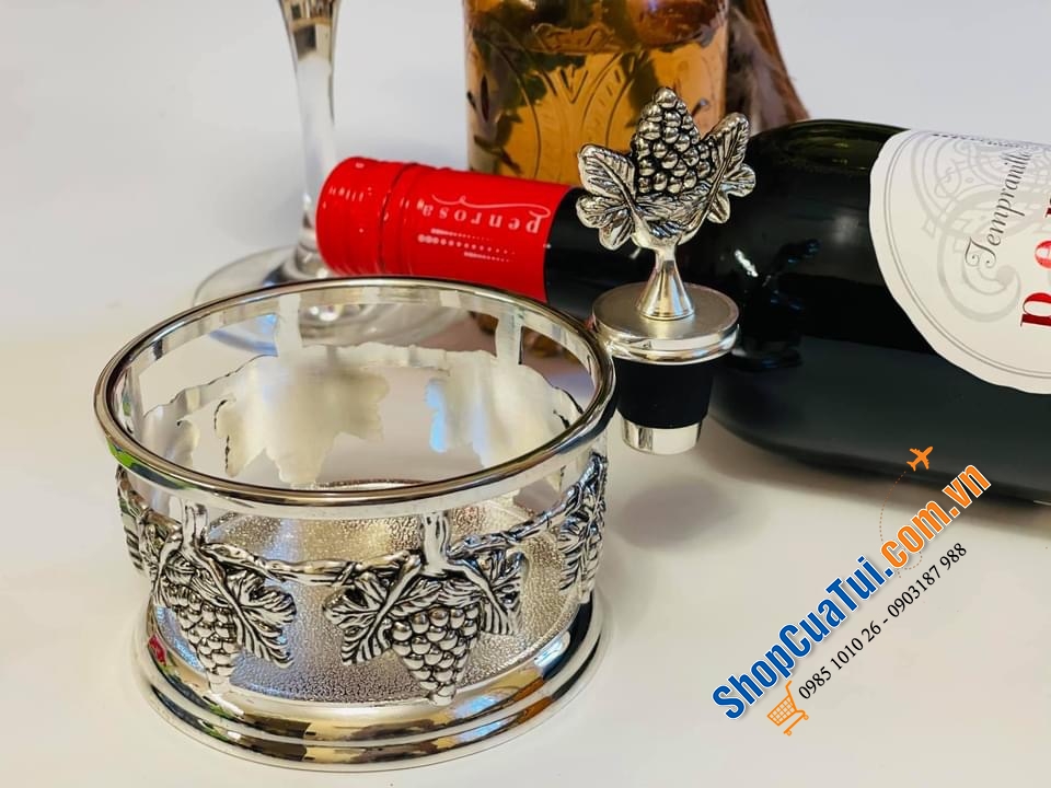SET GIÁ RƯỢU VANG KÈM NÚT RƯỢU VANG HÌNH TRÁI NHO MẠ BẠC CỰC SANG EDZARD GERMANY