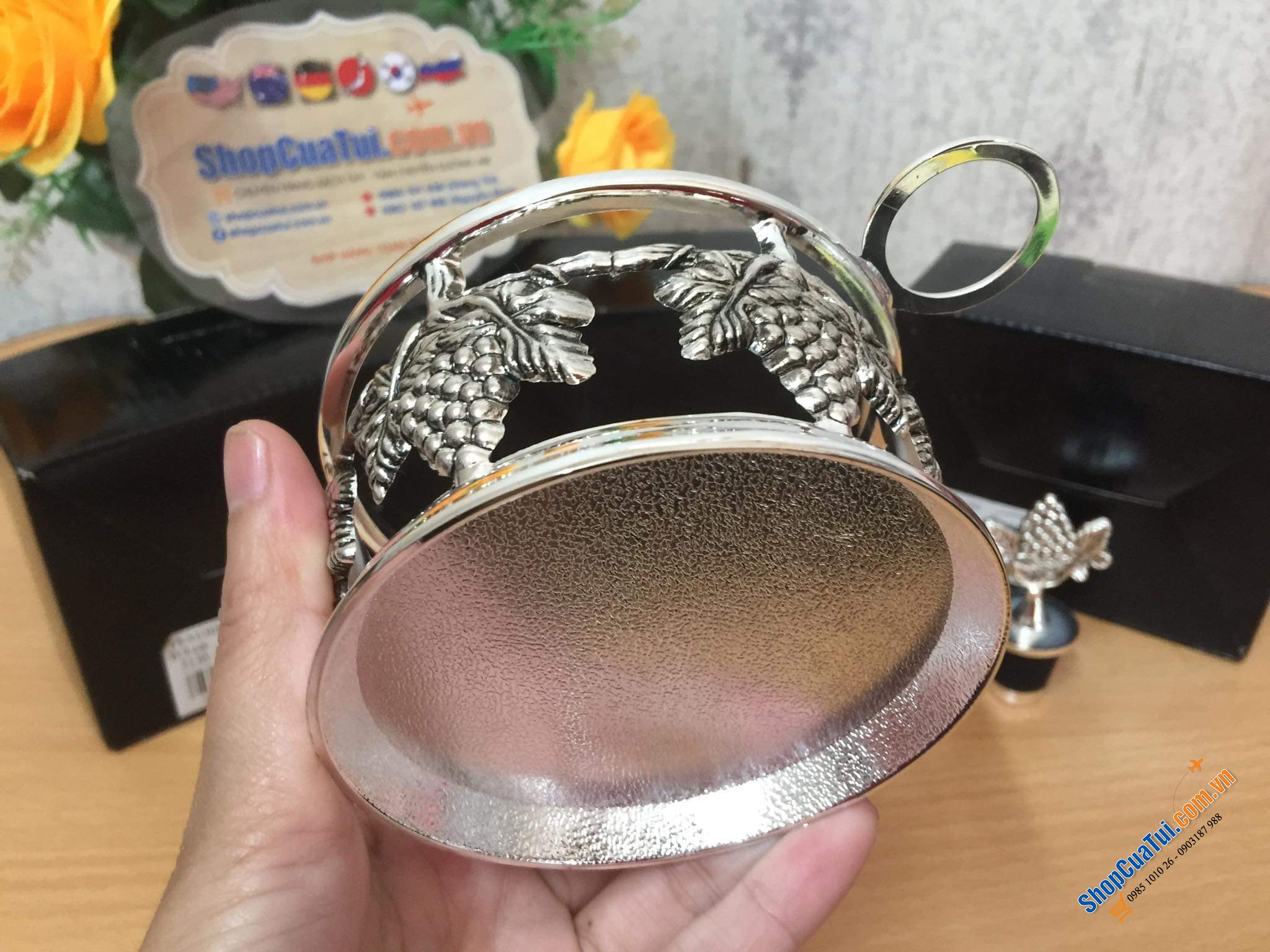 SET GIÁ RƯỢU VANG KÈM NÚT RƯỢU VANG HÌNH TRÁI NHO MẠ BẠC CỰC SANG EDZARD GERMANY