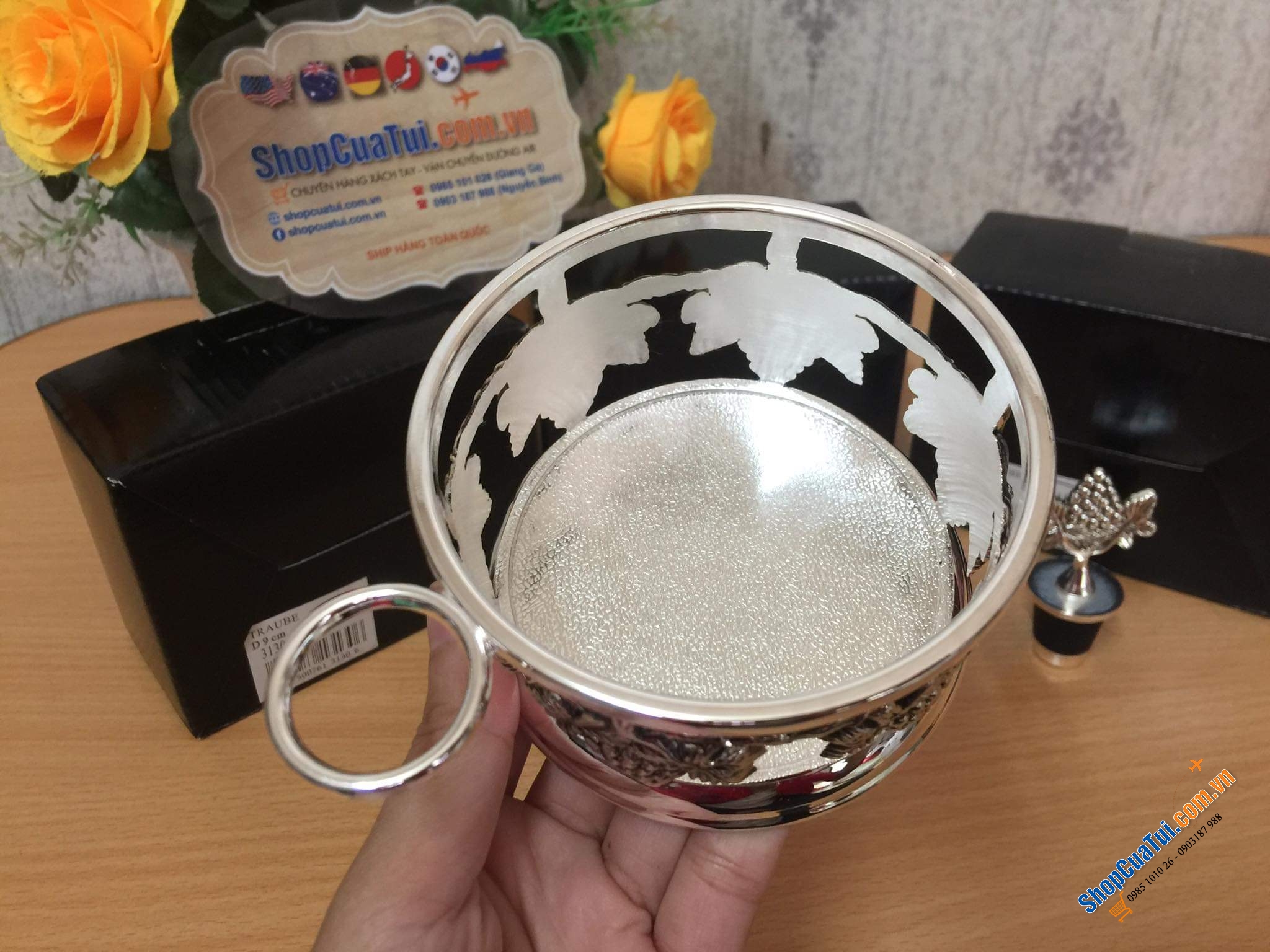 SET GIÁ RƯỢU VANG KÈM NÚT RƯỢU VANG HÌNH TRÁI NHO MẠ BẠC CỰC SANG EDZARD GERMANY