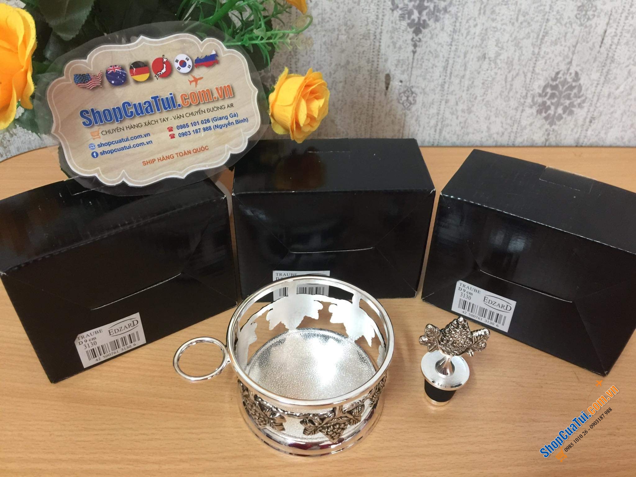 SET GIÁ RƯỢU VANG KÈM NÚT RƯỢU VANG HÌNH TRÁI NHO MẠ BẠC CỰC SANG EDZARD GERMANY