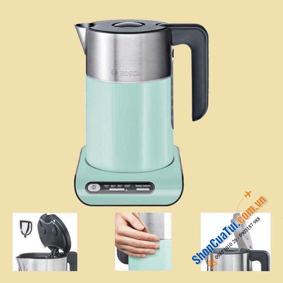 ẤM SIÊU TỐC BOSCH TWK8612P - MÀU XANH MINT SIÊU ĐẸP MẮT - CÓ THỂ ĐIỀU CHỈNH NHIỆT ĐỘ SÔI THEO MONG MUỐN.