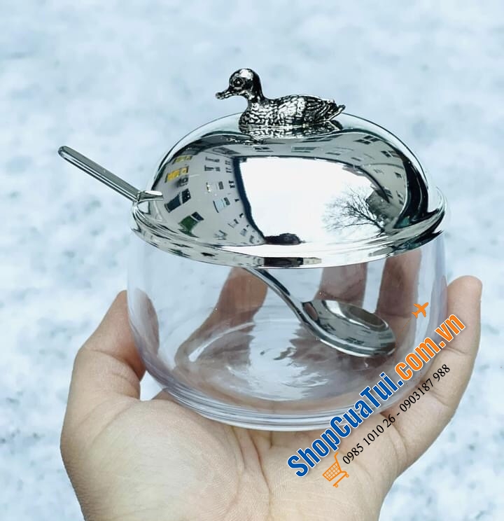 Hũ đựng mứt, gia vị, mật ong... có thìa Edzard mạ bạc