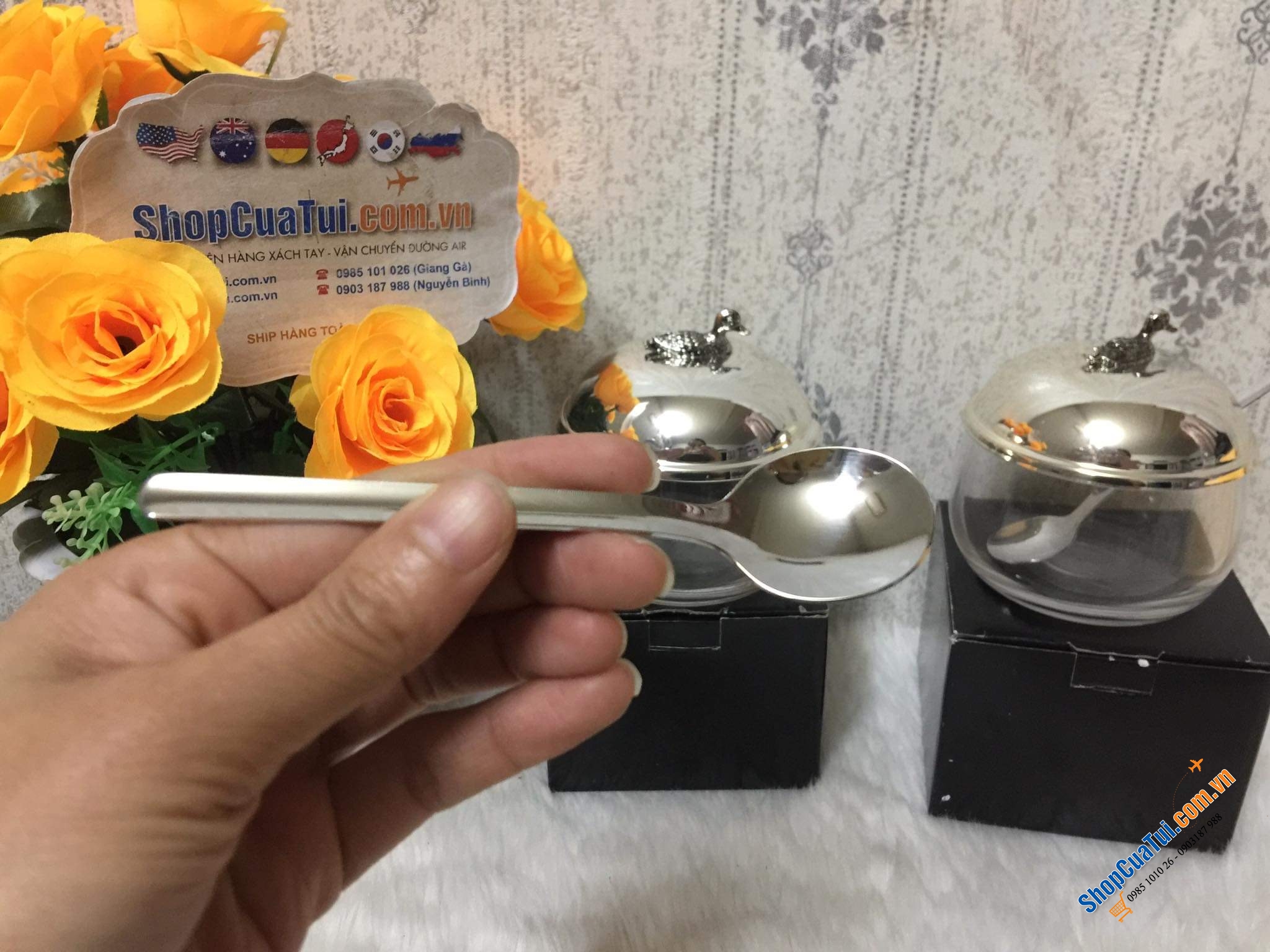 Hũ đựng mứt, gia vị, mật ong... có thìa Edzard mạ bạc