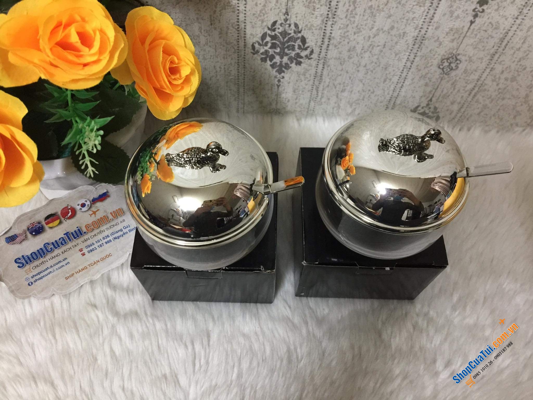 Hũ đựng mứt, gia vị, mật ong... có thìa Edzard mạ bạc