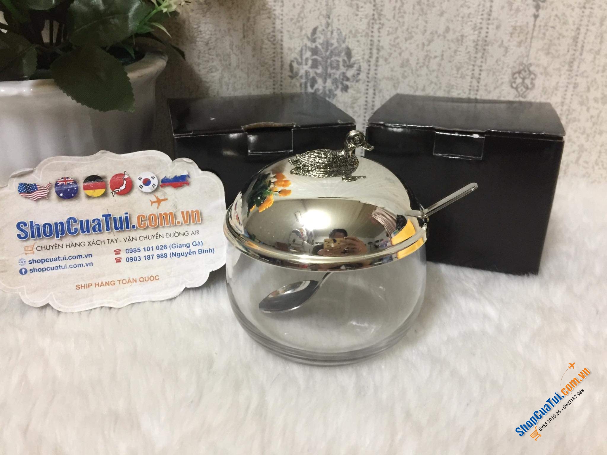 Hũ đựng mứt, gia vị, mật ong... có thìa Edzard mạ bạc