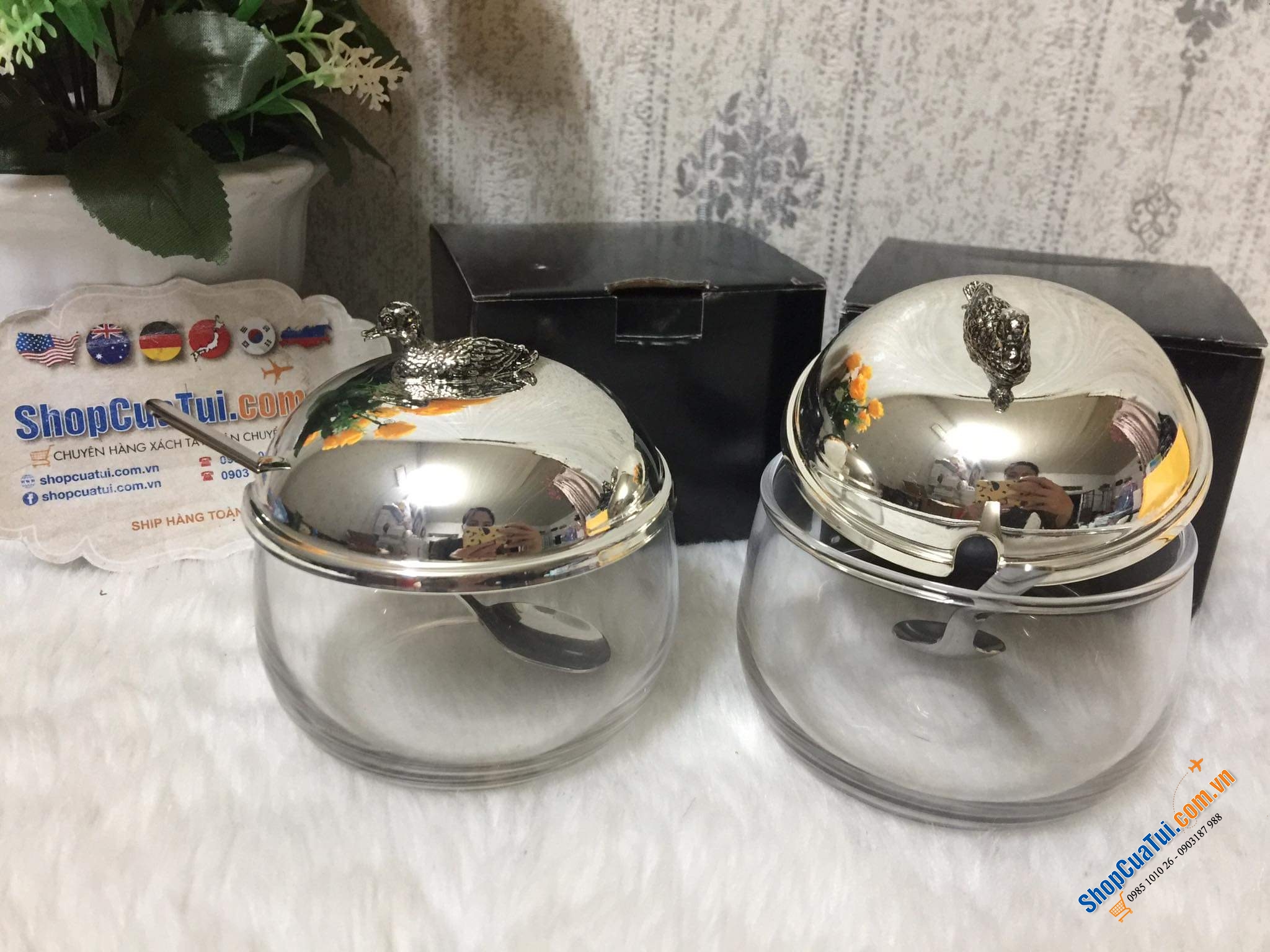 Hũ đựng mứt, gia vị, mật ong... có thìa Edzard mạ bạc