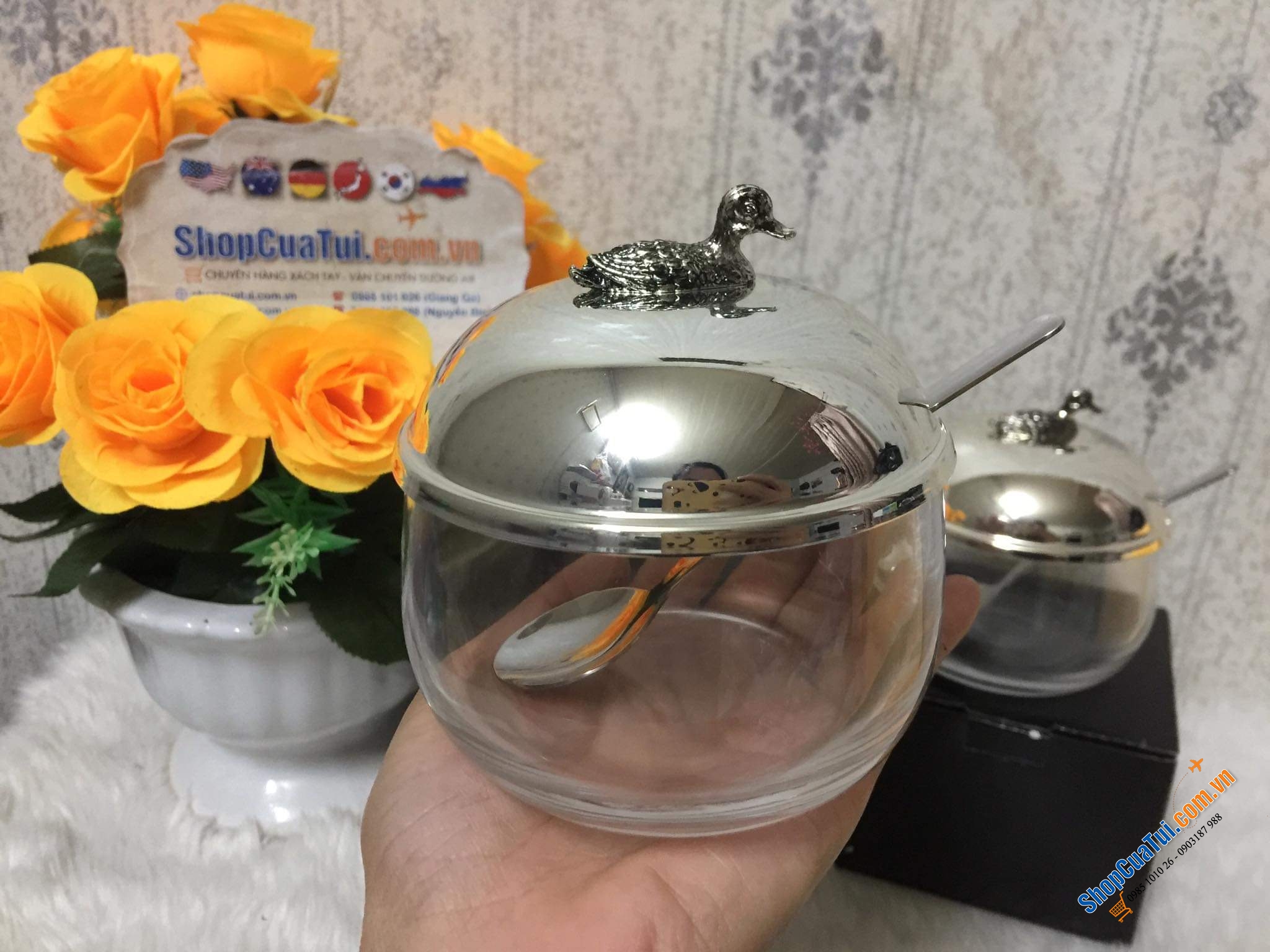 Hũ đựng mứt, gia vị, mật ong... có thìa Edzard mạ bạc