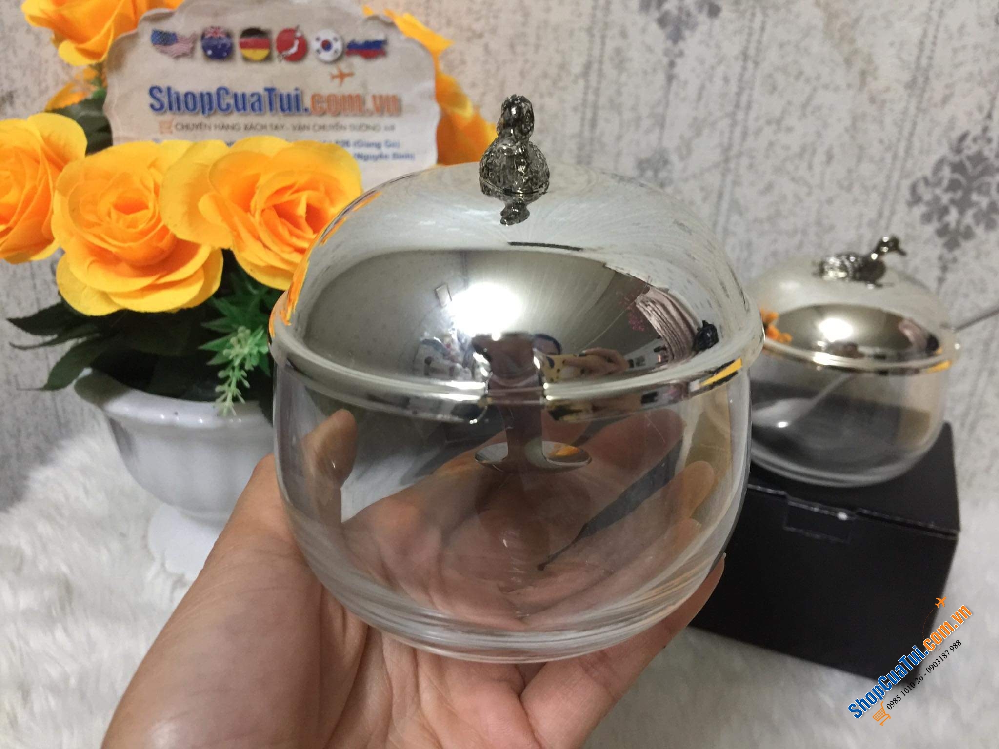 Hũ đựng mứt, gia vị, mật ong... có thìa Edzard mạ bạc